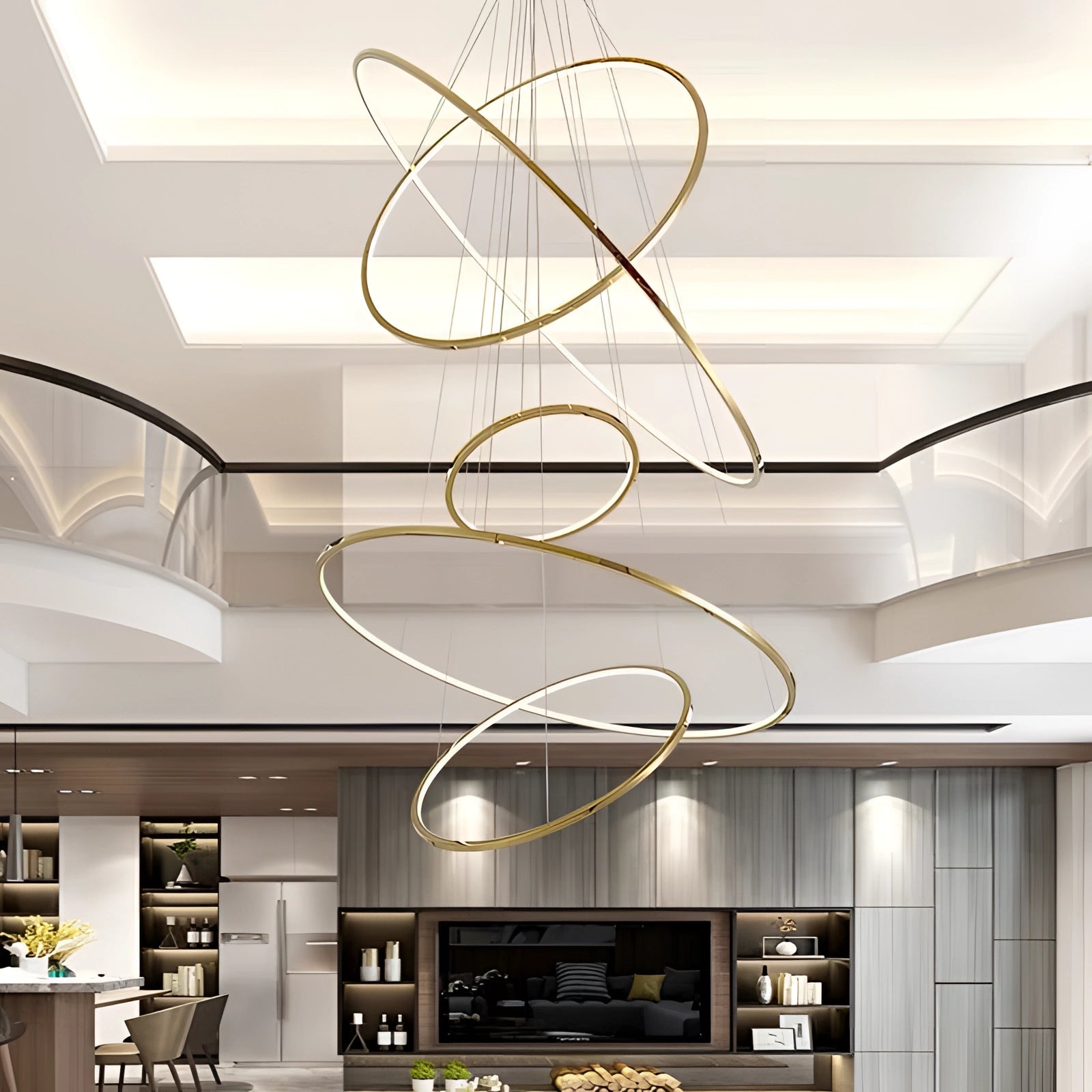 Modern LED Orbital Chandelier featuring sleek, contemporary design with white LED lights, elegantly illuminating an interior space with a luxurious touch.