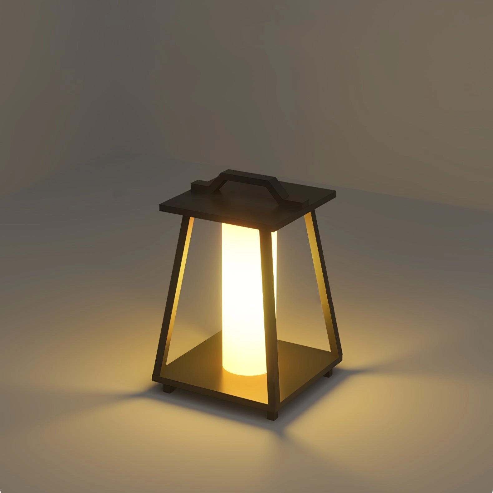 Modern LED outdoor lantern with sleek minimalist design, featuring a triangular metal frame and rectangular wood base, suitable for patio and garden lighting.
