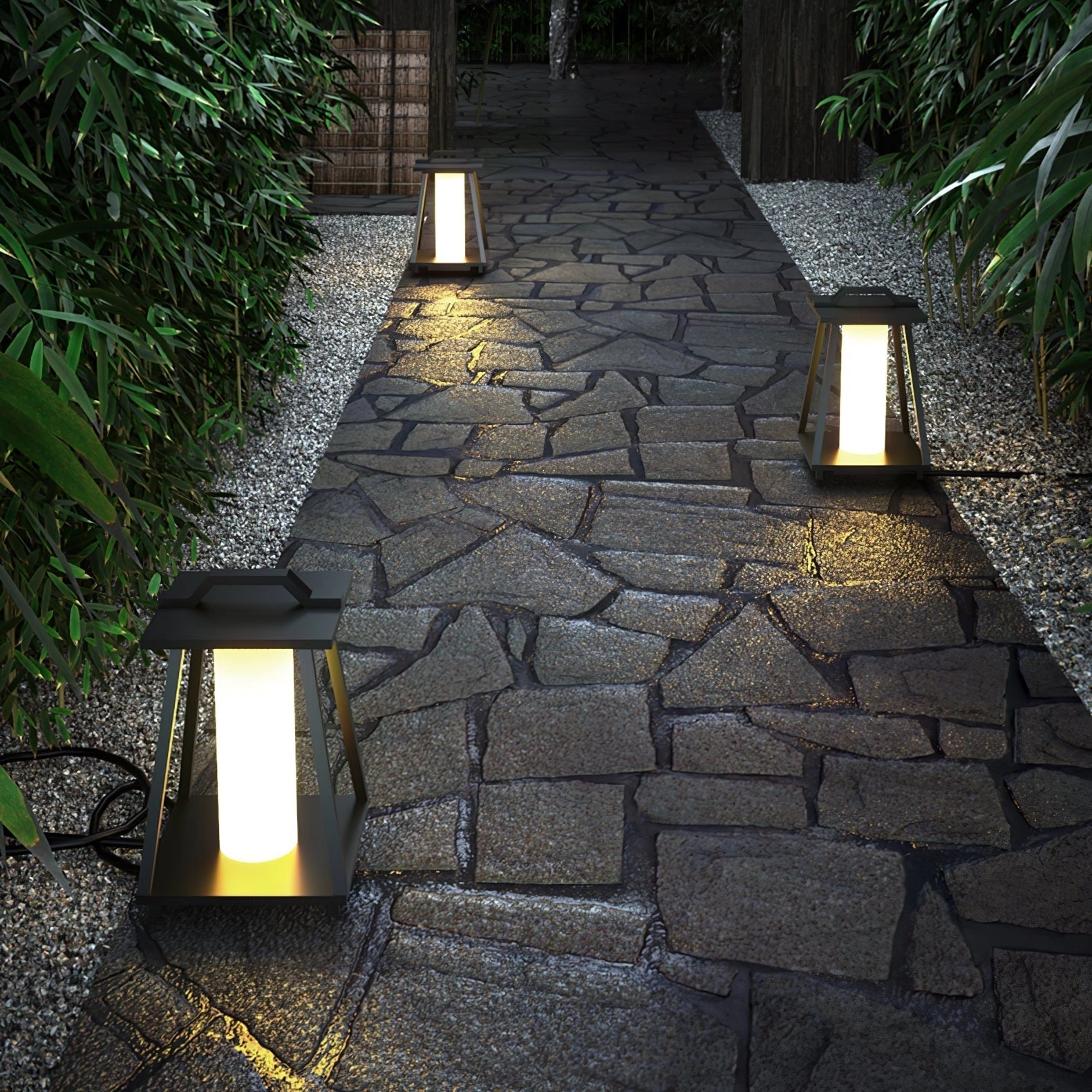 Modern LED outdoor lanterns illuminating a minimalist patio and garden area with surrounding plants and grass, showcasing sleek design and landscape integration.