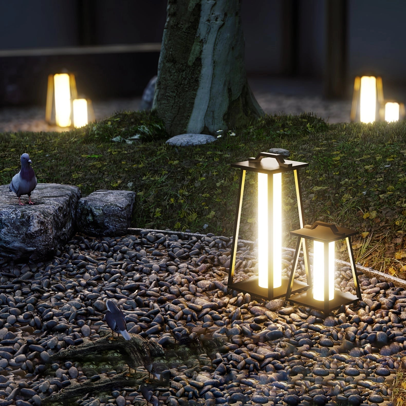 Modern LED outdoor lanterns illuminating a sleek minimalist patio with plants and grass in the background.