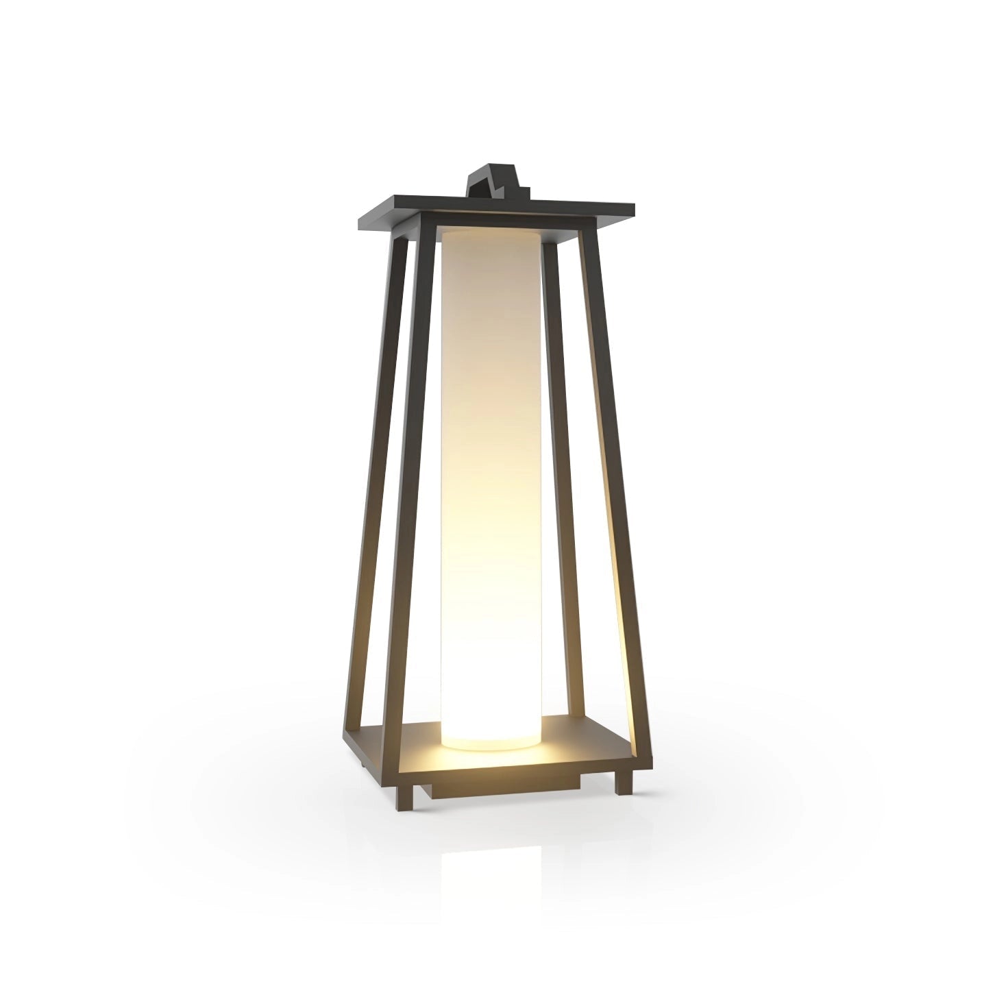 Modern LED outdoor lantern with sleek minimalist design, placed on a wooden table, featuring a metal frame and ceiling fixture for patio and garden lighting.