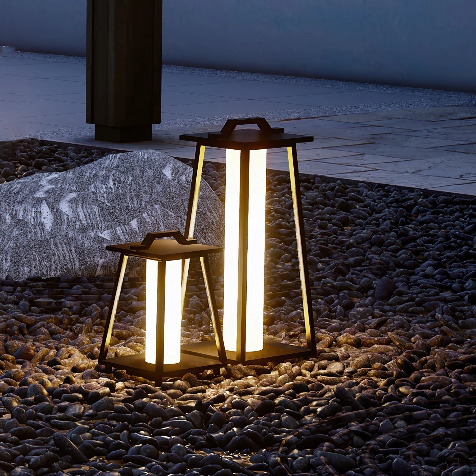 Modern LED outdoor lanterns illuminating a minimalist patio with wooden furniture and a natural landscape in the background during sunset.