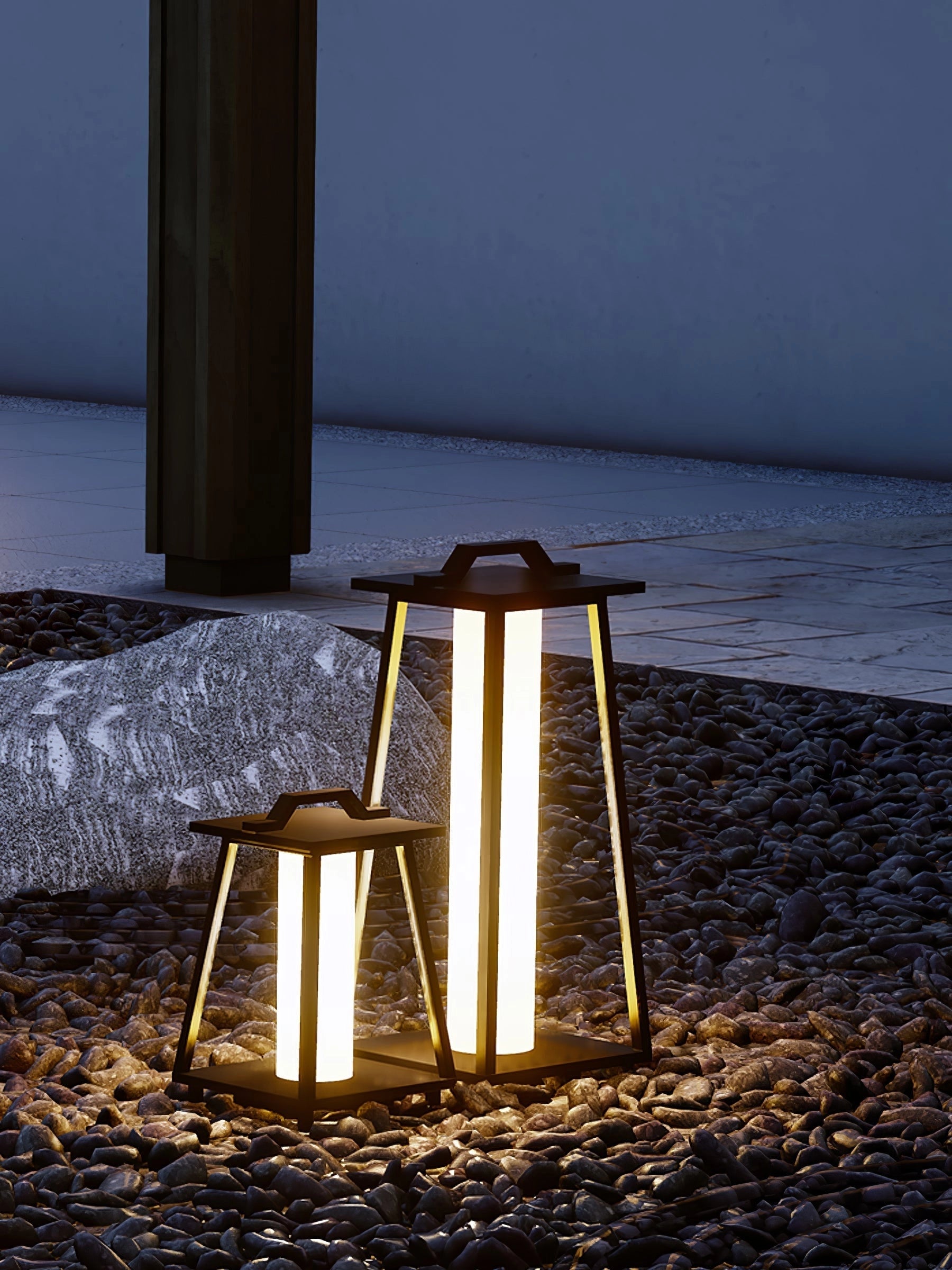 Modern LED outdoor lanterns illuminating a minimalist patio setting with wooden furniture, casting a calm and serene ambiance as the sun sets.