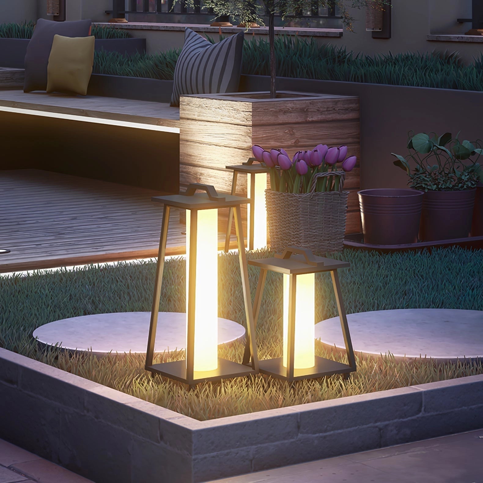 Sleek minimalist modern LED outdoor lanterns illuminating a patio with wooden flooring, outdoor furniture, and decorative plants.