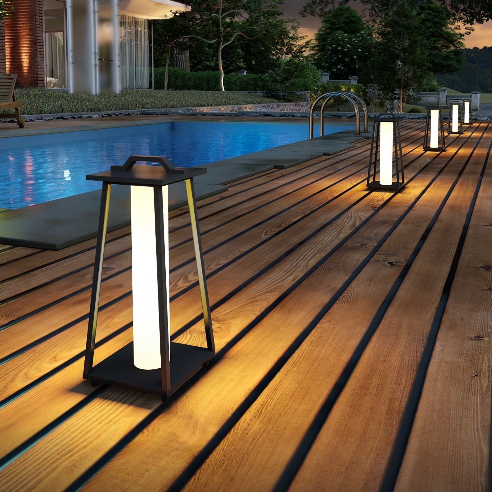 Modern LED outdoor lanterns illuminating a sleek minimalist patio with wood flooring and outdoor furniture near a swimming pool.