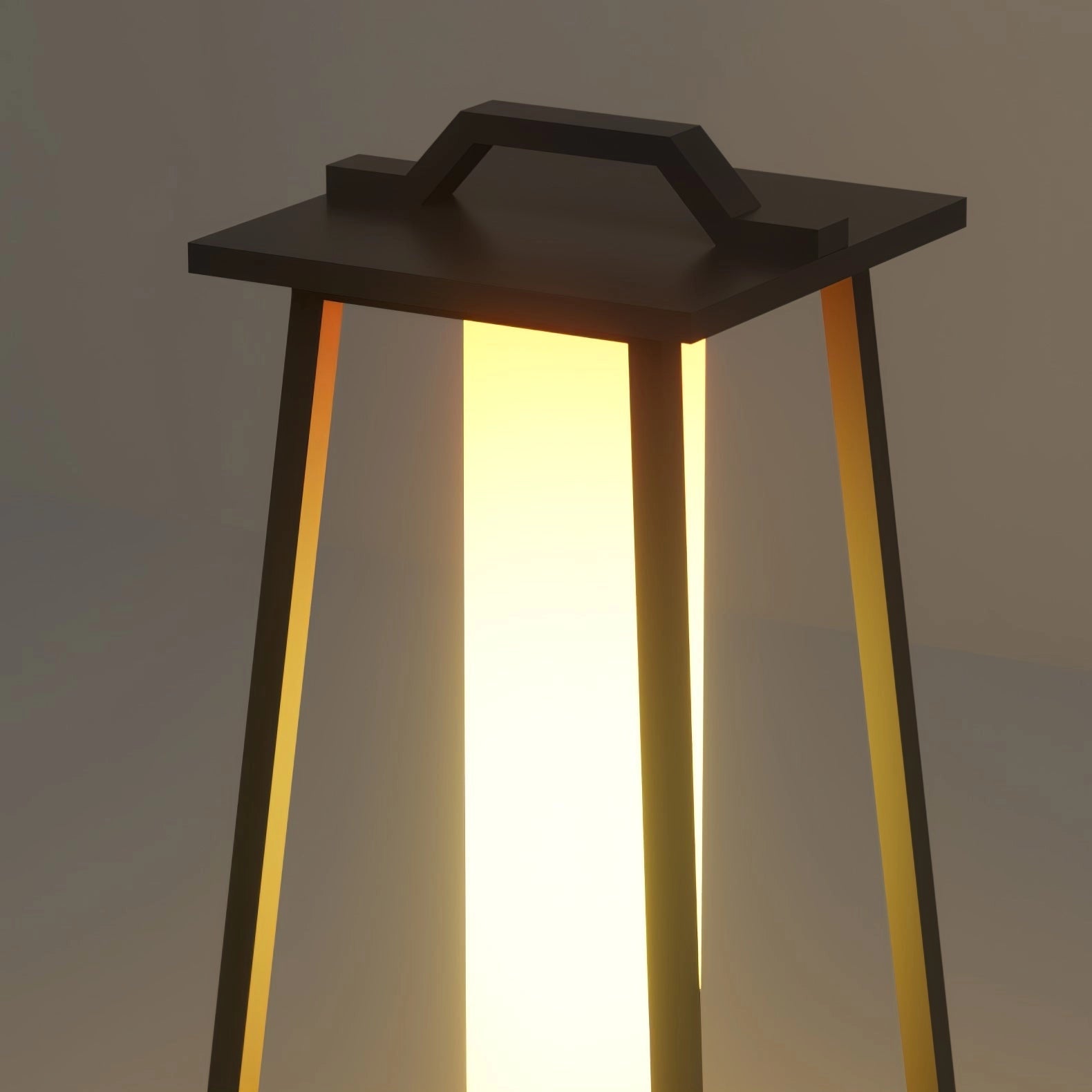 Modern LED outdoor lanterns with sleek minimalist design, mounted on a wooden outdoor table in a garden.