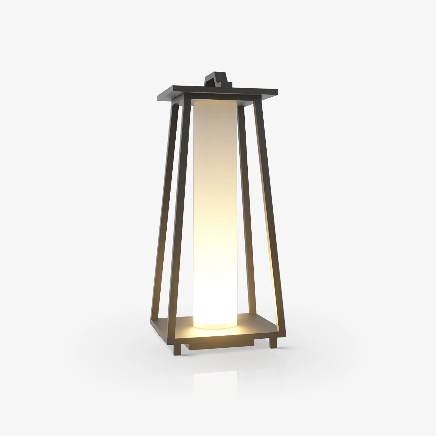 Modern LED Outdoor Lantern with warm light, sleek minimalist design, large size 11.8″ x 10.6″ x 27.6″, suitable for patio and garden lighting.