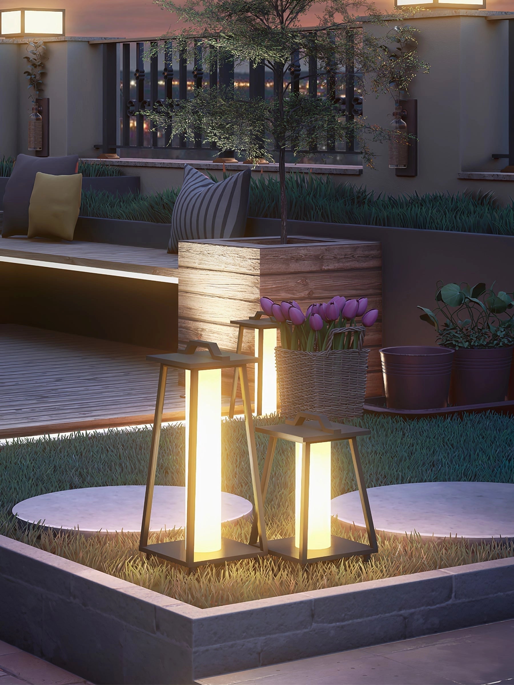 Modern LED outdoor lanterns illuminating a sleek, minimalist patio with garden lighting, featuring potted plants and stylish wooden flooring.