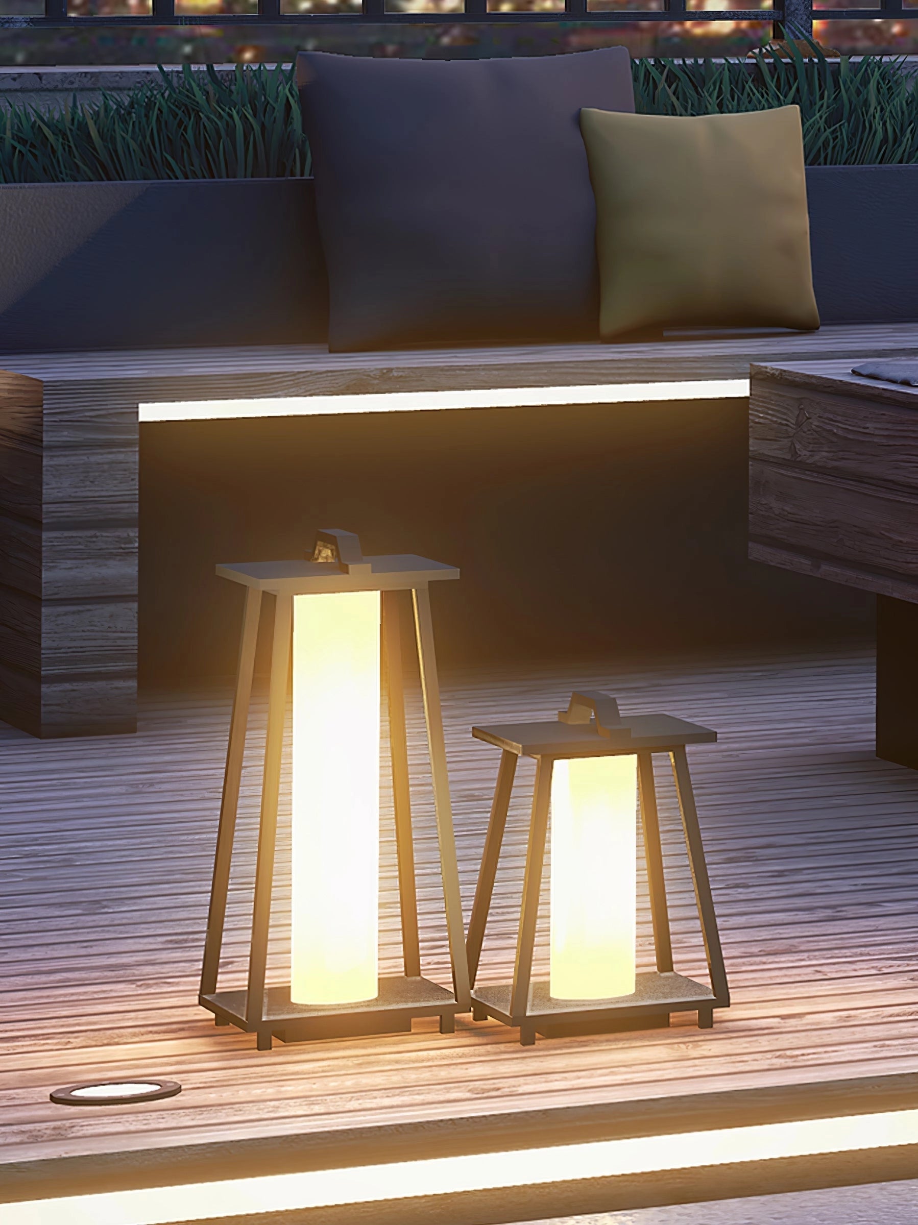 Modern LED outdoor lanterns with sleek, minimalist design on a wooden patio floor, providing elegant lighting for garden and outdoor spaces.