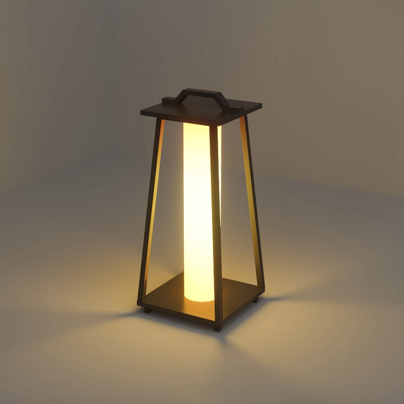Modern LED outdoor lantern with sleek minimalist design featuring a rectangular shape, metal frame, and wooden elements, suitable for patio and garden lighting.