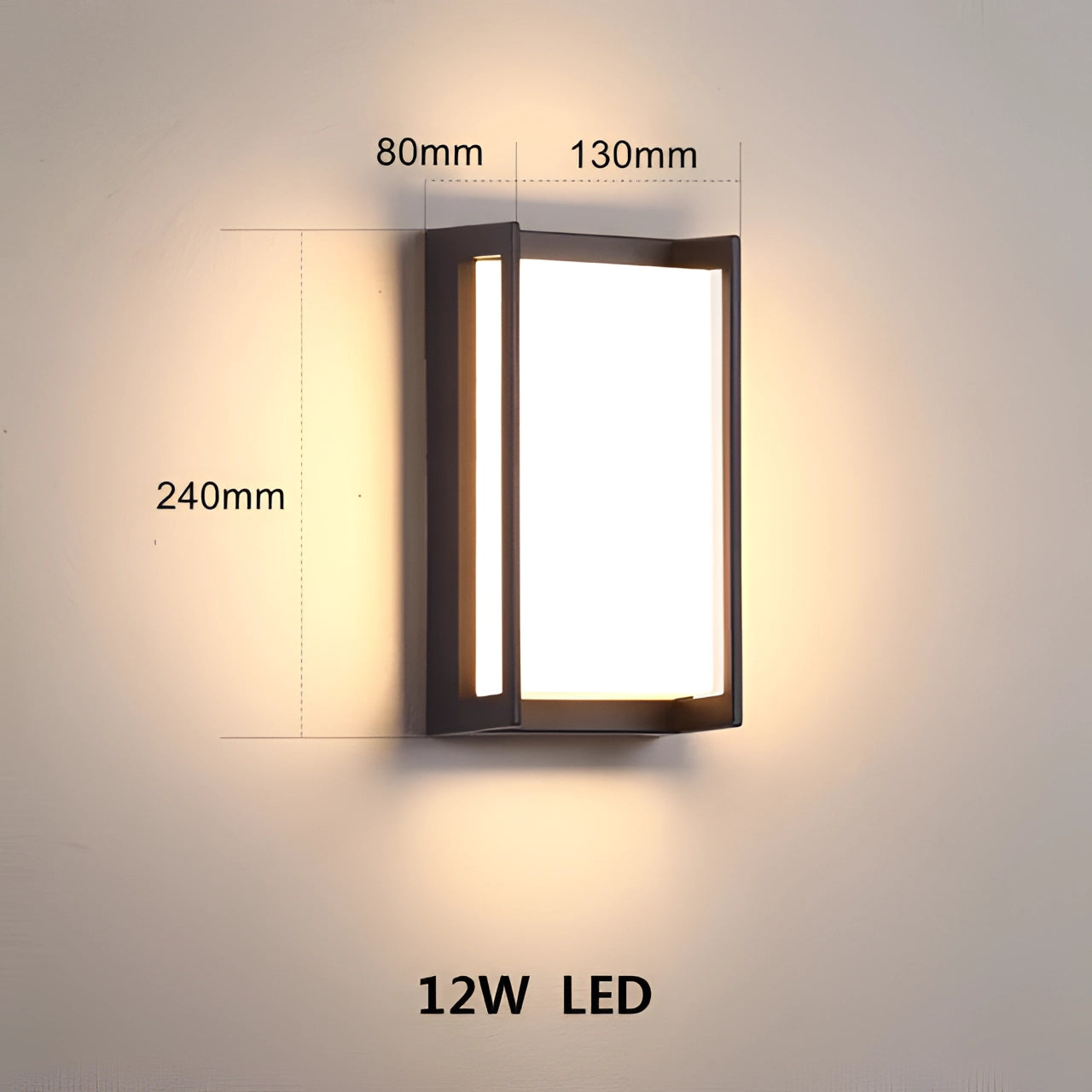 Modern LED outdoor wall light fixture with a sleek rectangular design, emitting cool white light at 6000K, suitable for exterior walls. The sconce is weather-resistant, making it ideal for outdoor use.