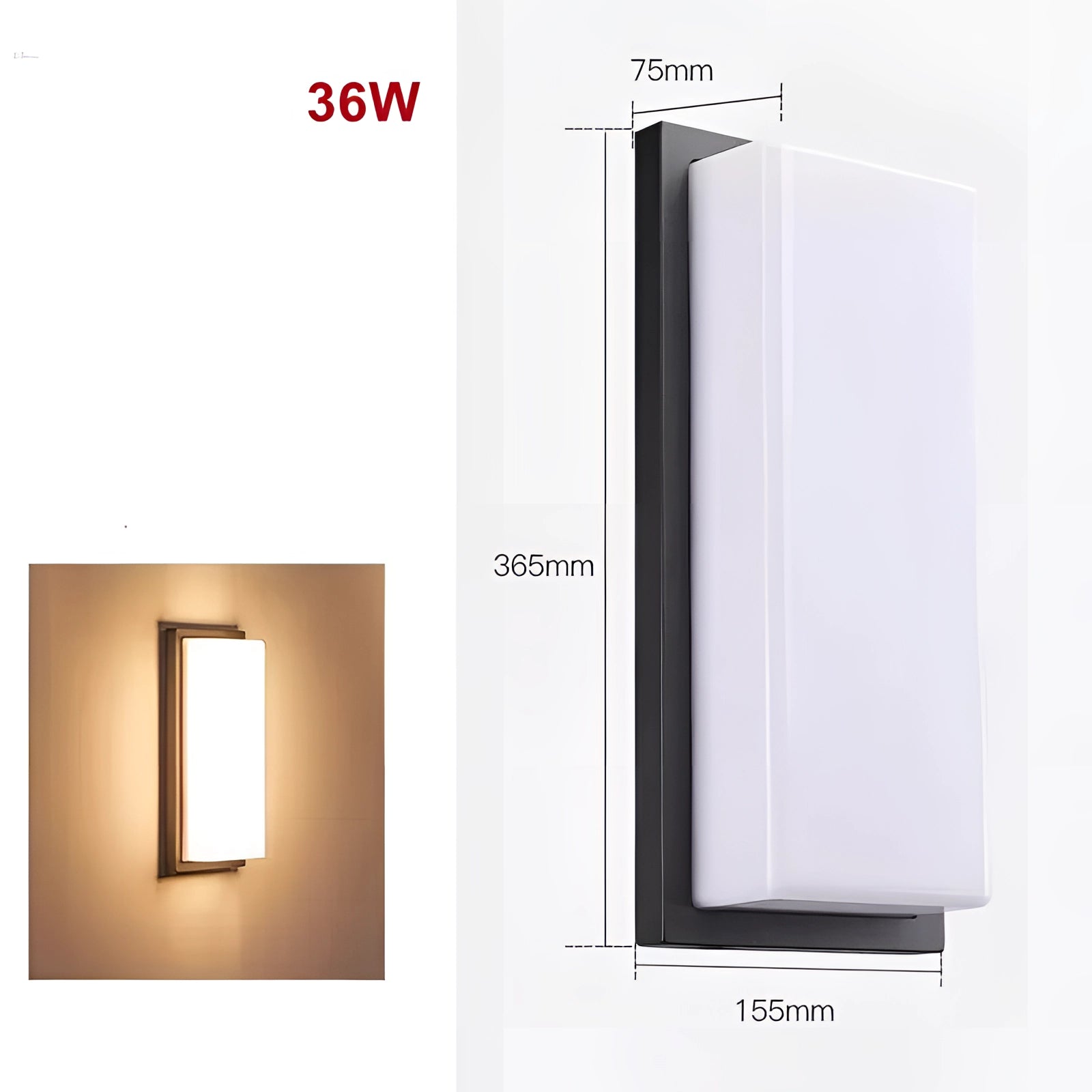 Modern LED outdoor wall light in a vertical rectangular design with a weather-resistant fixture, emitting a cool white 6000K light at 36W.