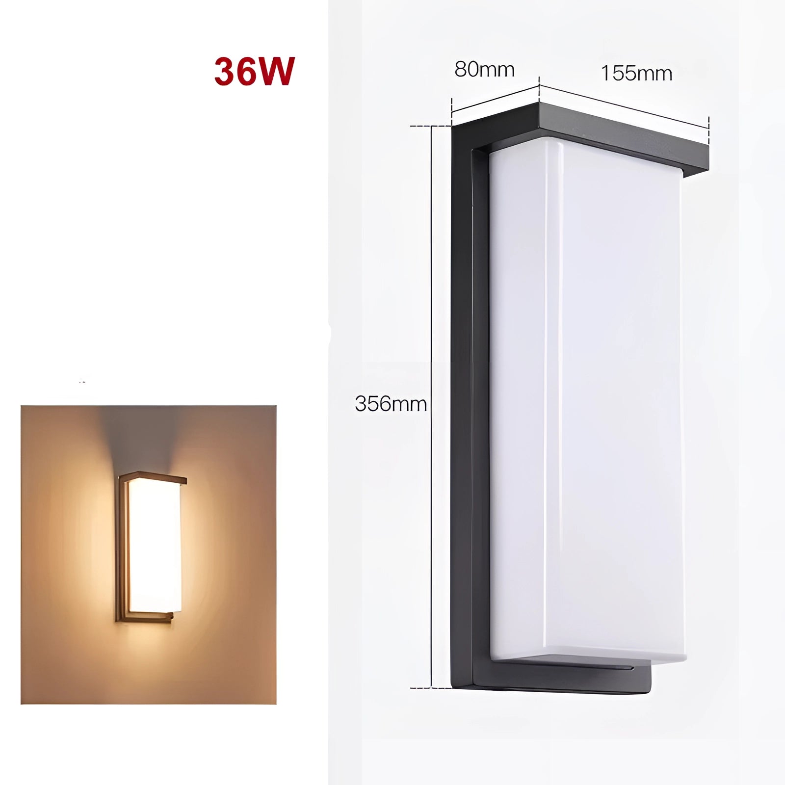Modern LED outdoor wall light with a rectangular design and a weather-resistant finish, featuring a sleek vertical sconce in titanium color, emitting cool white 6000K light at 36W, suitable for exterior use.