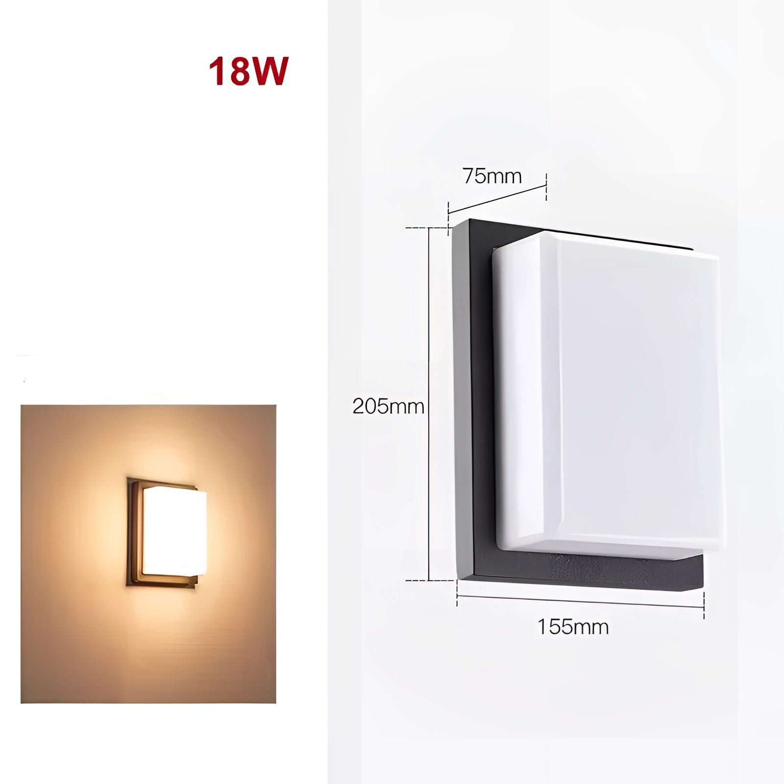 Modern LED outdoor wall light sconce with a sleek rectangular design, featuring a weather-resistant build and an 18W cool white 6000K illumination.