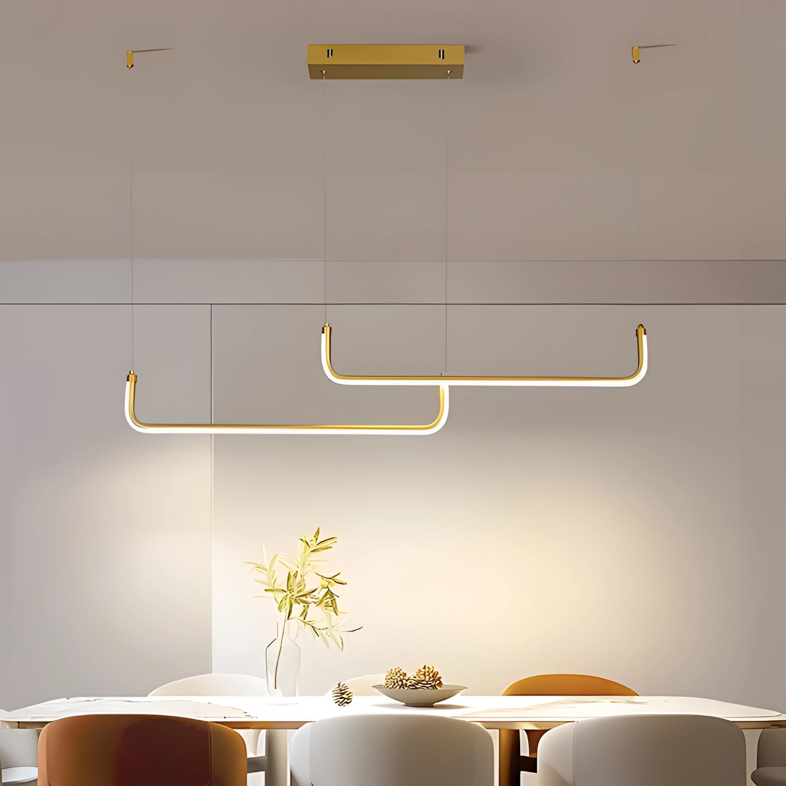 Modern LED pendant light with a geometric chandelier design, featuring a sleek gold finish and adjustable height, elegantly hanging in a contemporary interior setting.