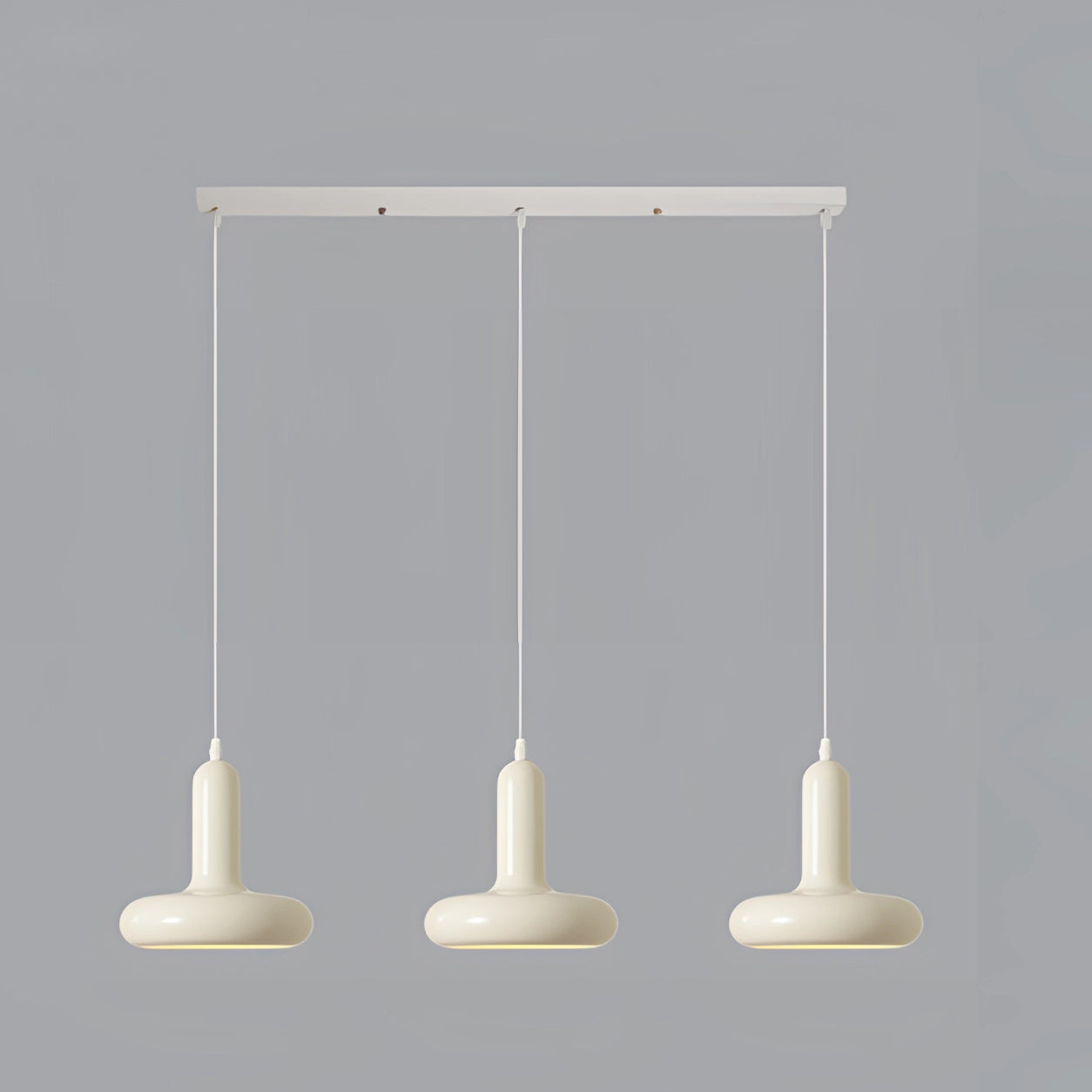 Modern Scandinavian minimalist LED pendant light with a circular design, featuring three pendant lights hanging from a long base. The light fixture is crafted from composite materials and metal, suitable for kitchen or dining areas.