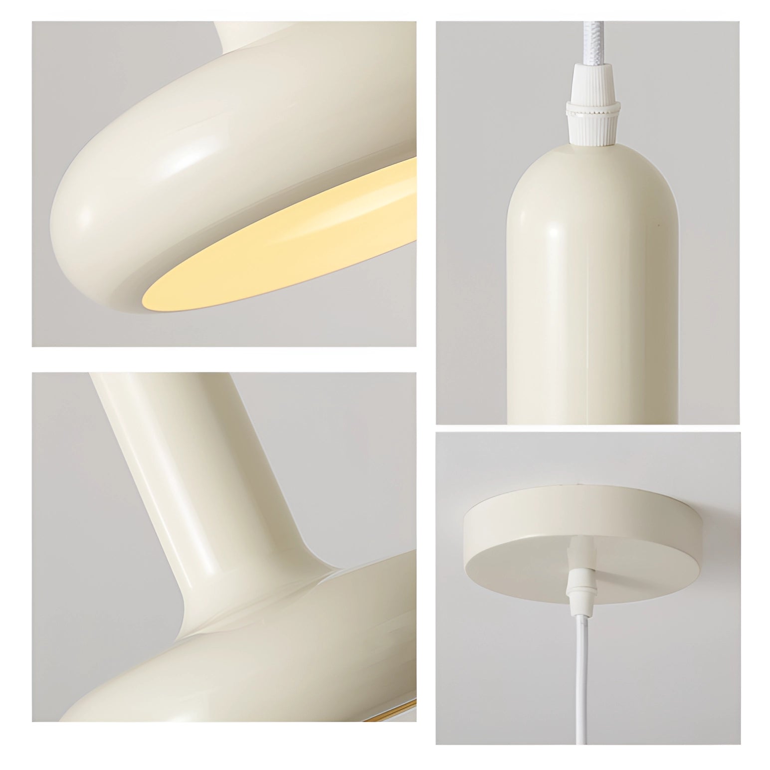 Modern LED pendant light with a Scandinavian minimalist design, featuring a beige and wood finish, suspended from the ceiling over a kitchen or dining area.