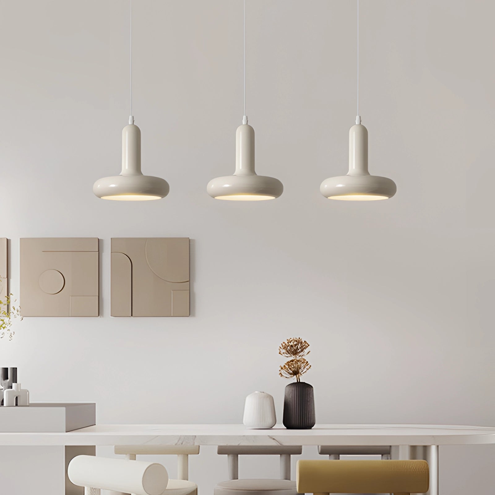 Modern LED pendant light with Scandinavian minimalist design, featuring a sleek gray rectangular shape, wooden accents, and beige elements, elegantly illuminating a contemporary kitchen or dining space.