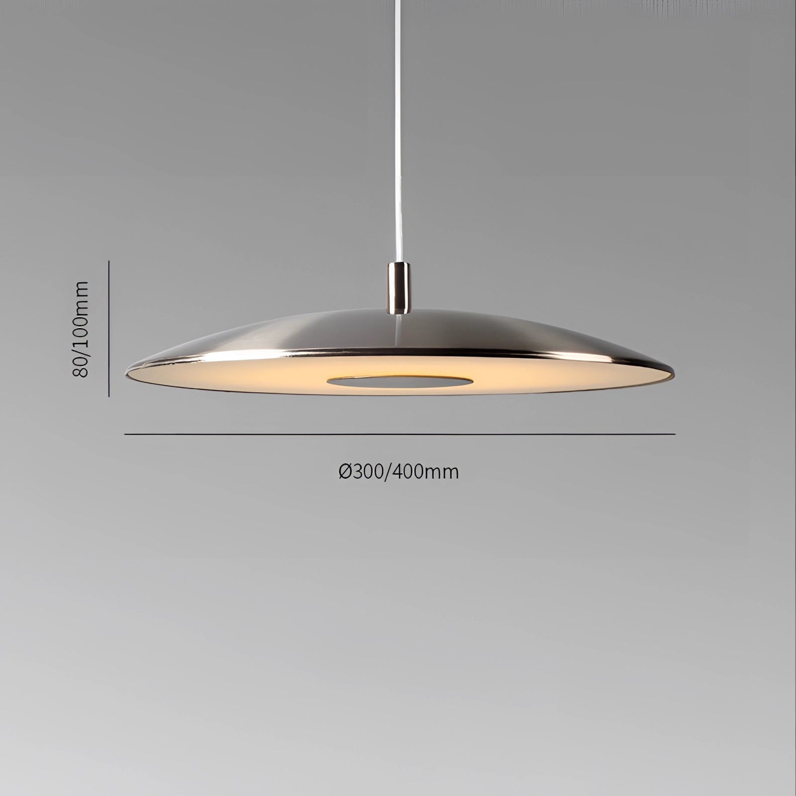 Modern LED pendant lights in stylish silver, D40cm*H10cm, nickel finish, hanging from ceiling, illuminating dining room decor.
