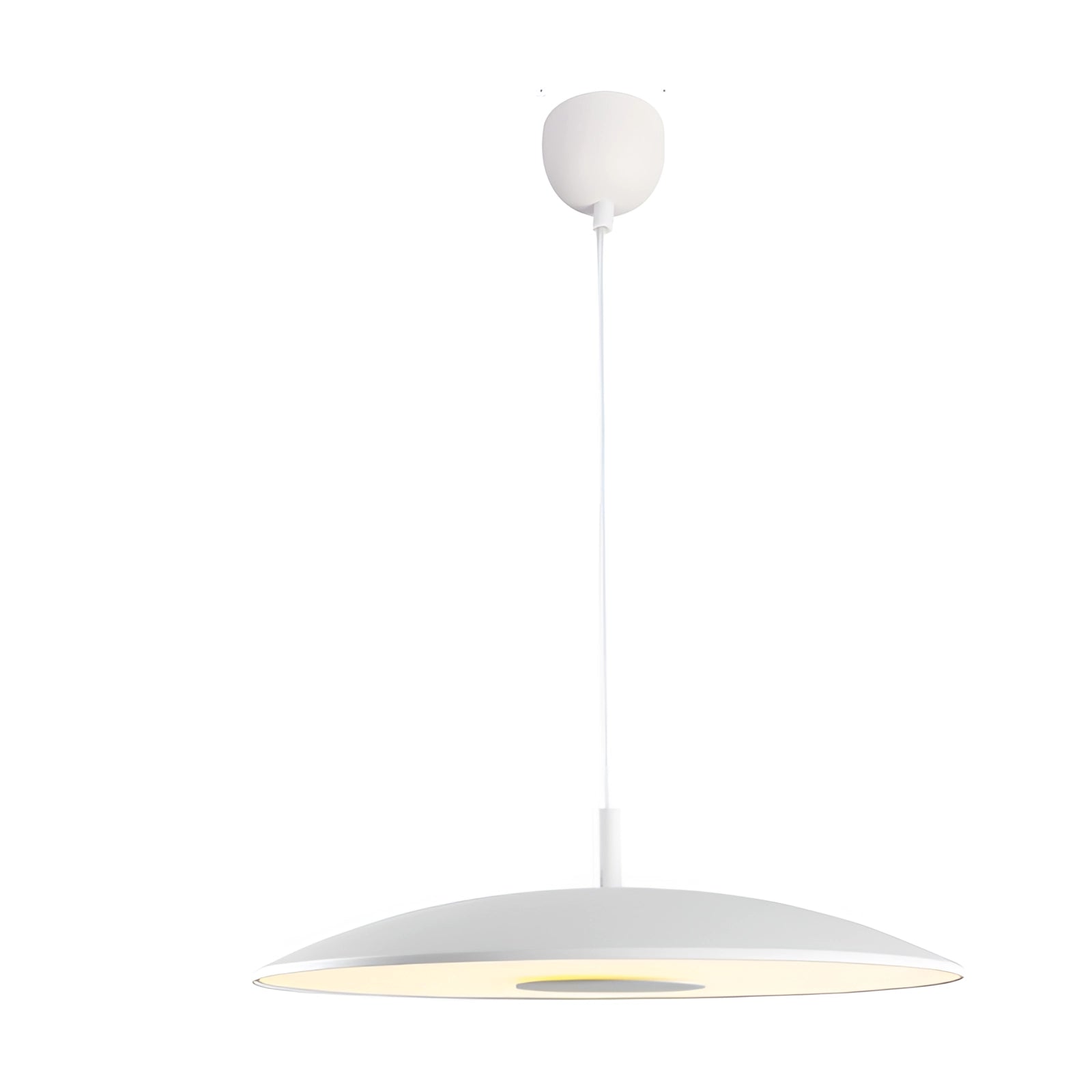 Modern LED pendant lights in stylish silver, hanging symmetrically from the ceiling, illuminating a dining room with a contemporary design.