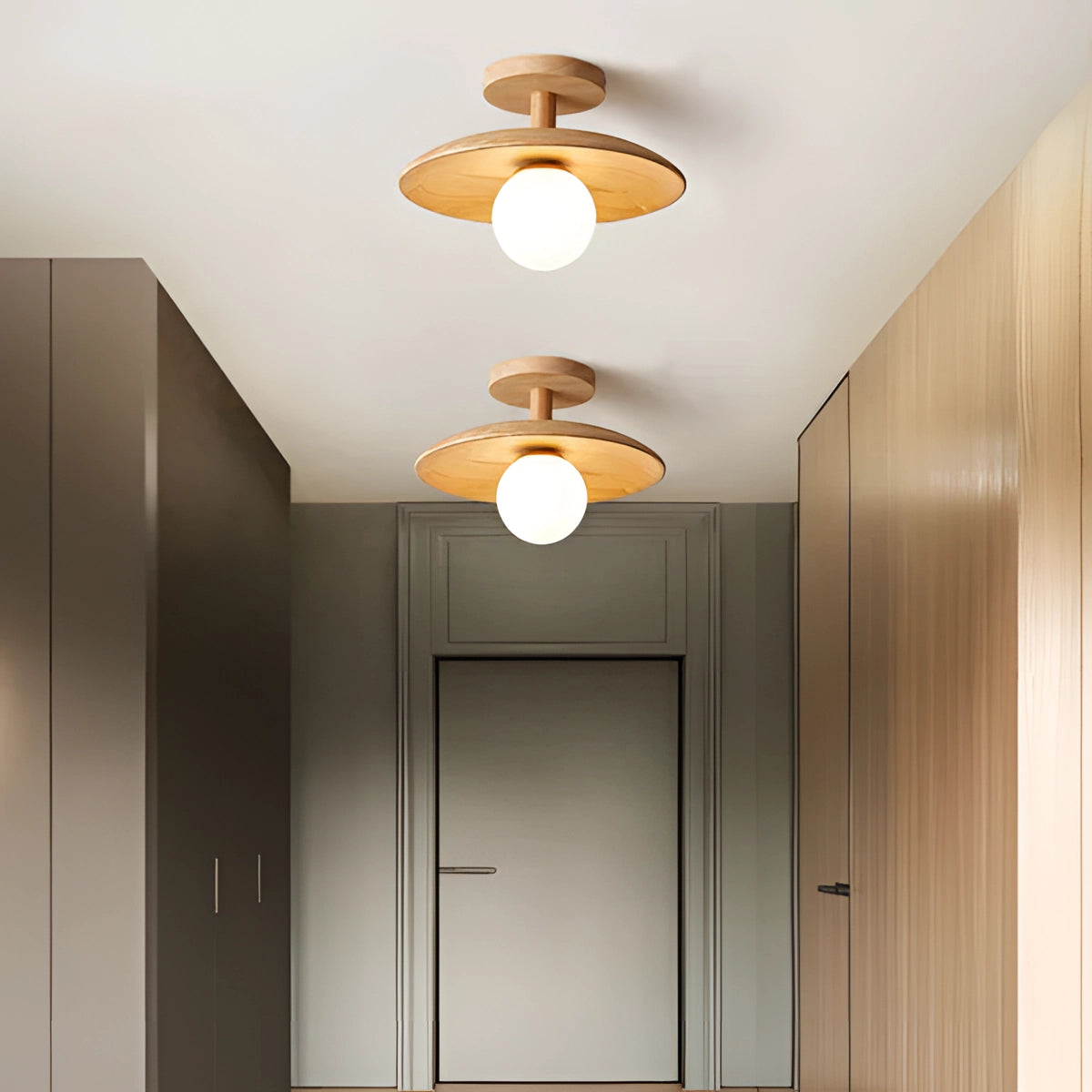 Modern LED wooden ceiling light fixture in a Scandinavian design, illuminating a contemporary interior space with wood accents and minimalist decor.