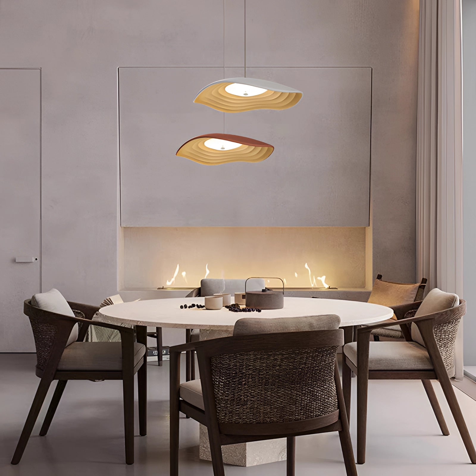 Modern luxury pendant light with LED illumination and wooden accents, elegantly suspended from the ceiling in a stylish interior setting.