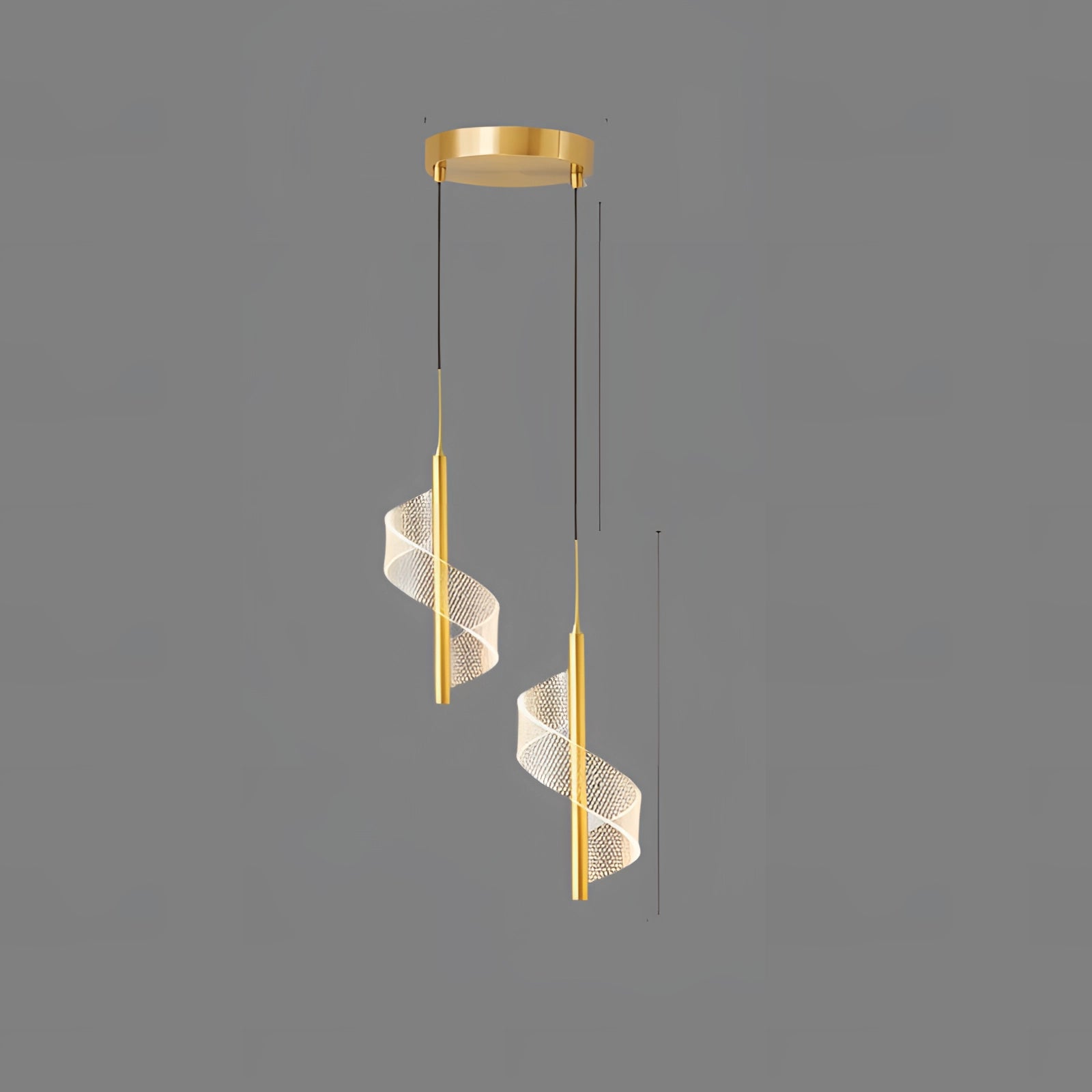 Modern luxury pendant light with designer geometric gold accents, featuring a unique two-head design that incorporates a mix of rectangular and triangular shapes. The fixture is suspended from the ceiling and crafted from metal, showcasing a sleek and contemporary look with three-color illumination options.