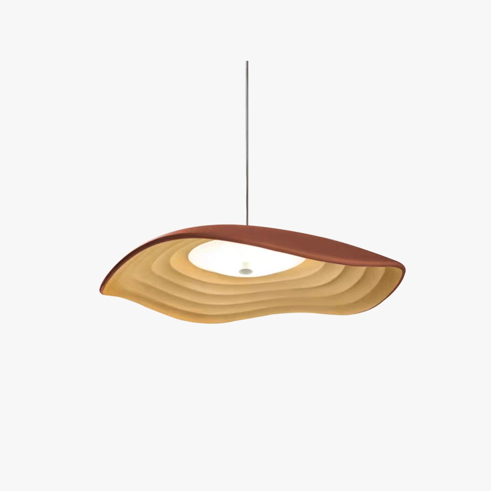 Elegant modern luxury pendant light with LED illumination featuring a circular design and wooden accents, resembling artistic elements.
