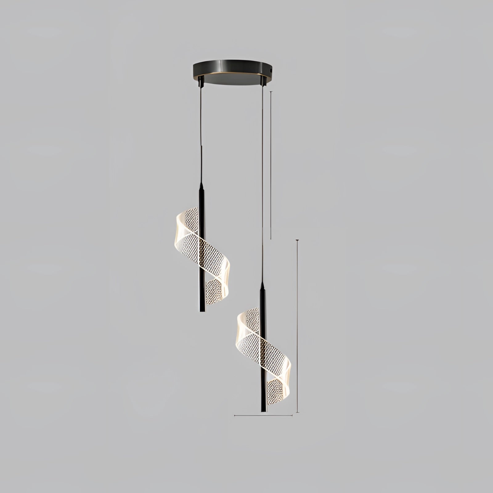 Modern luxury pendant light with a geometric design featuring two black rectangular heads, highlighted with gold accents, crafted from metal materials.