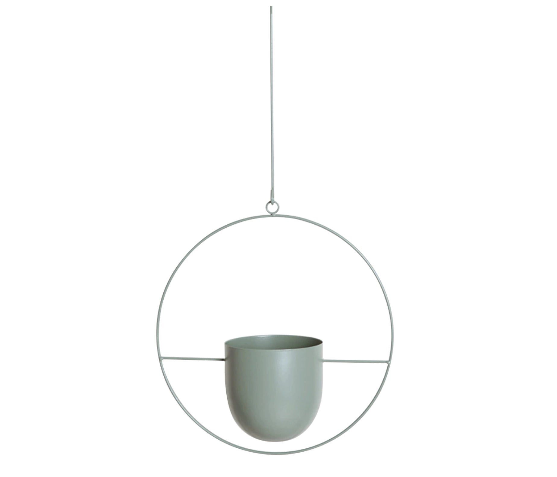 Mint-colored circular modern metal hanging plant holder with minimalist design, suitable for indoor decor, displayed against a neutral background.