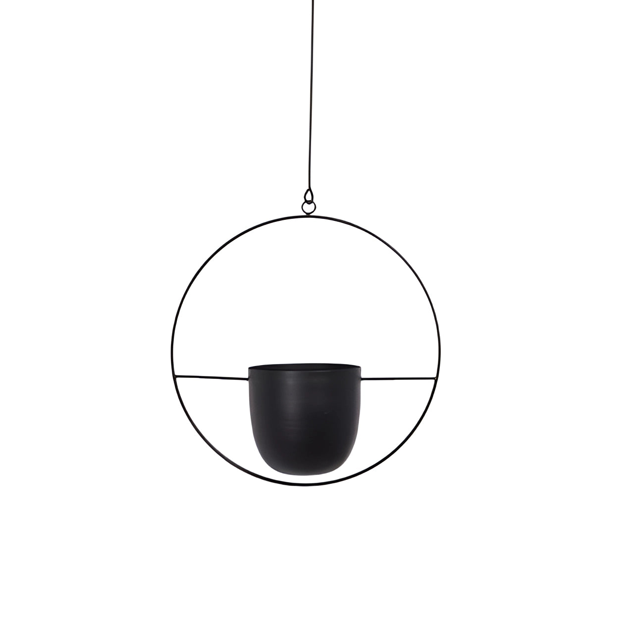 Modern metal hanging plant holder featuring a minimalist circular design, ideal for indoor decor. The planter is crafted from durable titanium, combining geometric shapes like circles and triangles for a contemporary ornamental look. Suitable for adding a stylish touch to any room.