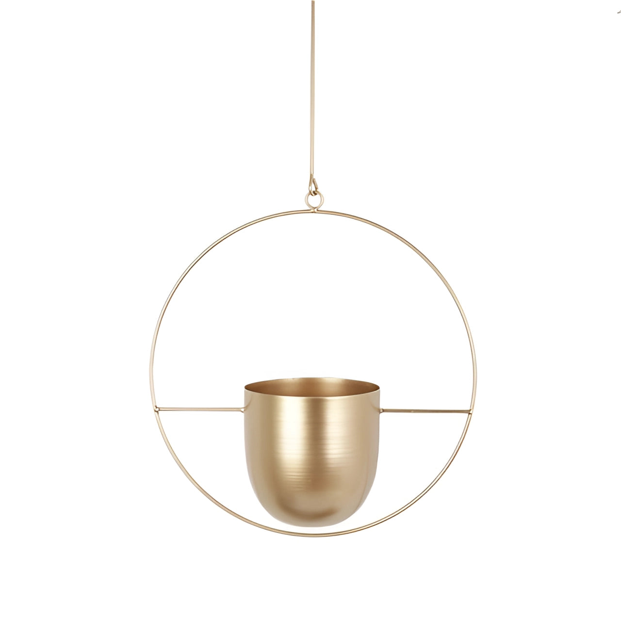 A modern metal hanging plant holder with a minimalist design, suitable for indoor decor, displayed against a plain background. The planter features a sleek, circular metal frame that elegantly suspends a small pot, perfect for showcasing houseplants.