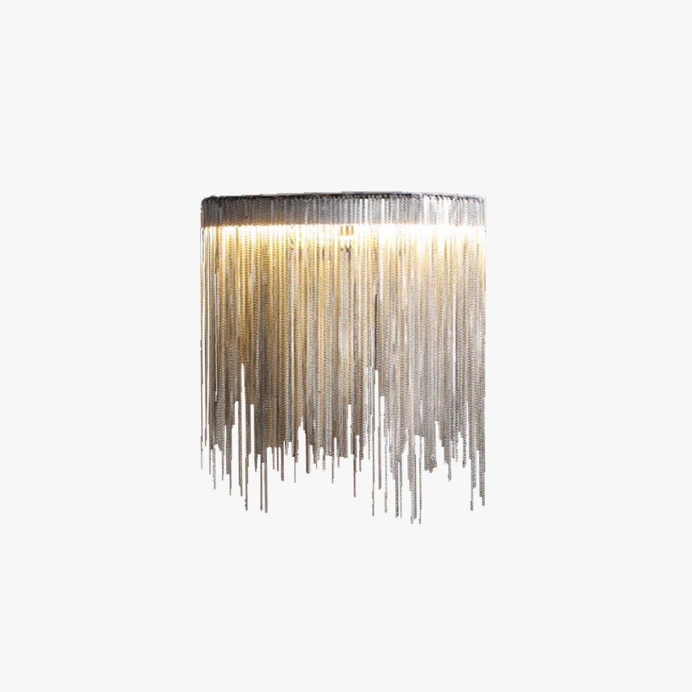 Modern metallic fringe chandelier with a contemporary design, featuring a sleek rectangular shape and a luxurious finish combining metal and wood elements.