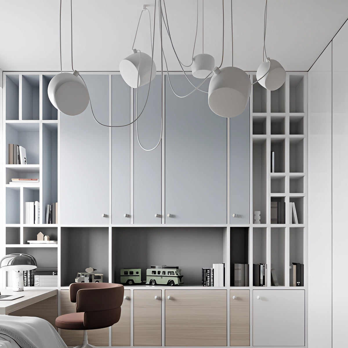Modern minimalist bookshelf with a sleek blue and white design, featuring multiple storage shelves, set against a stylish contemporary interior with a couch and large window.