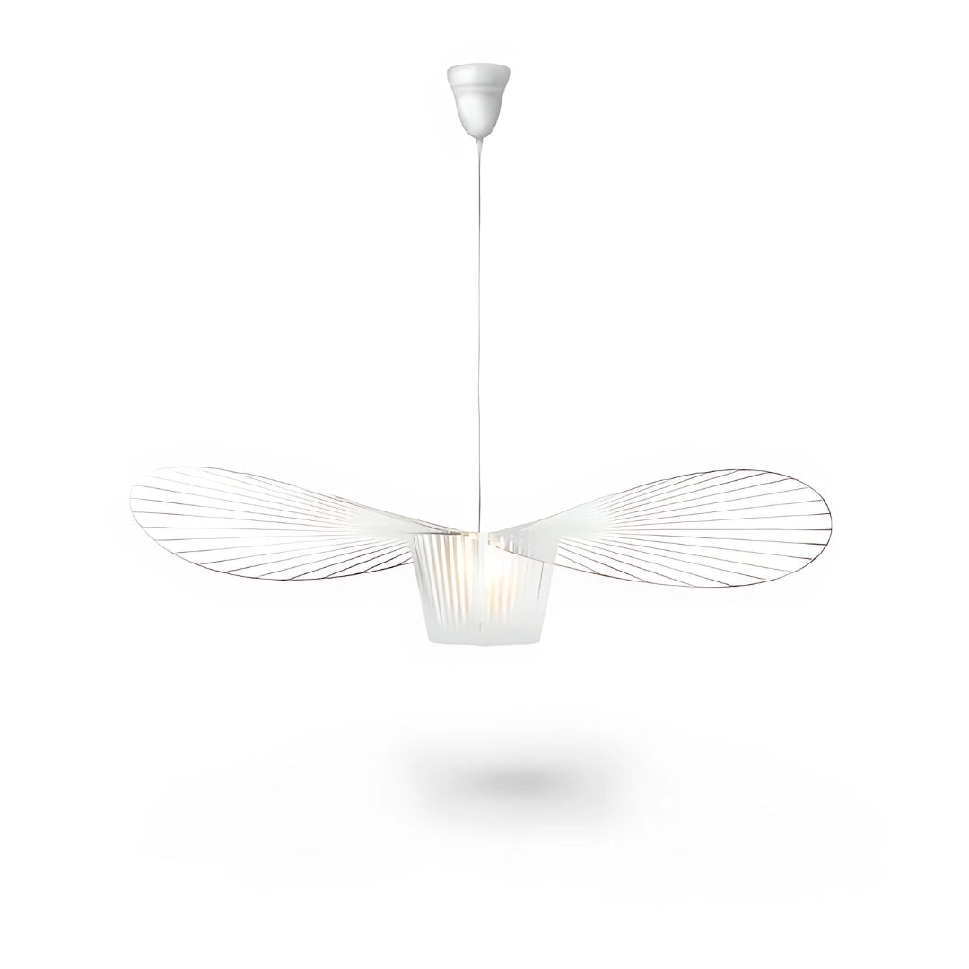 Modern minimalist ceiling fan with a silent wing-shaped design in white, featuring a symmetrical arrangement of metallic blades resembling feathers, measuring 100 cm in diameter.