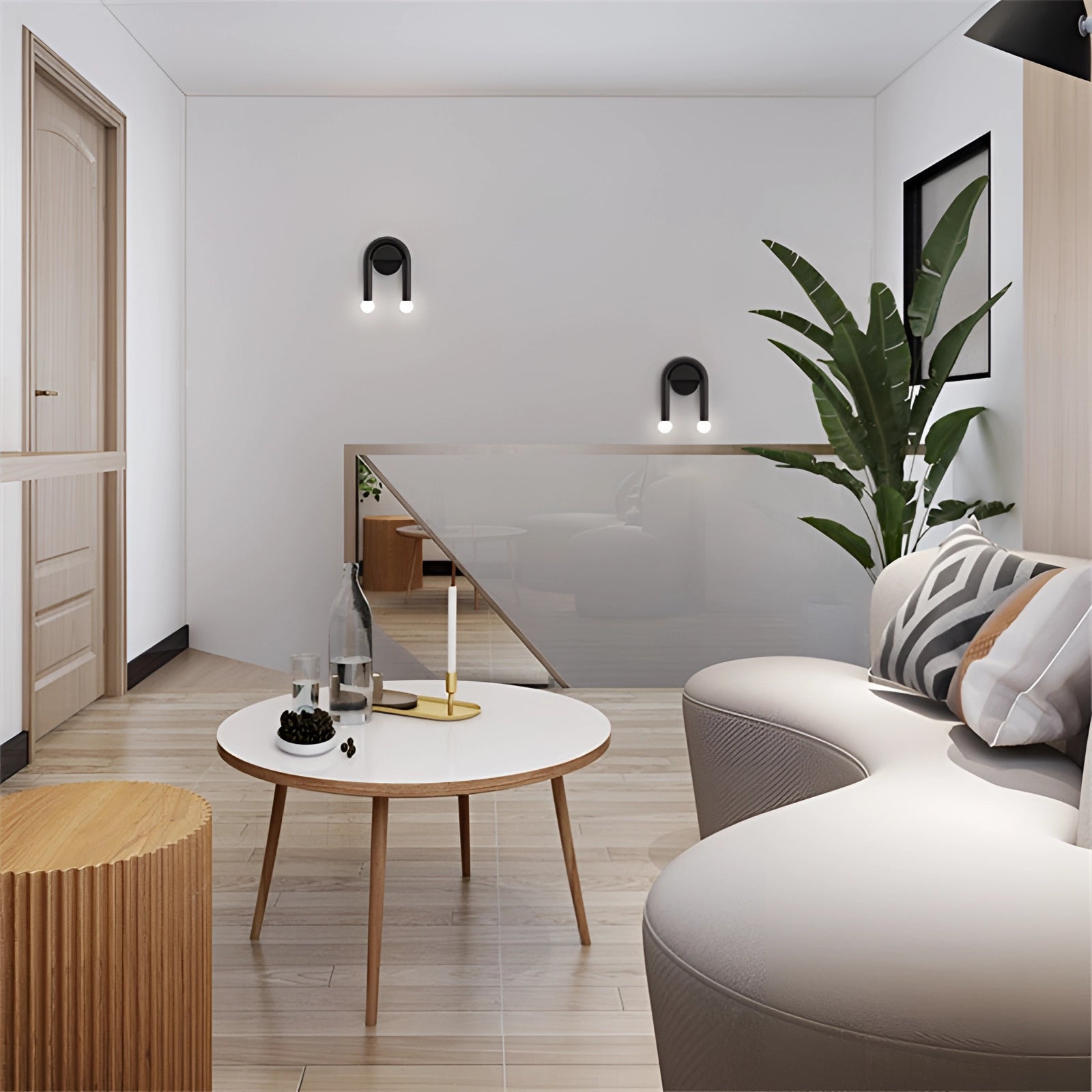 Modern minimalist black matte LED dual wall lamp mounted on a wall in a contemporary living room with wooden flooring and a comfortable couch.