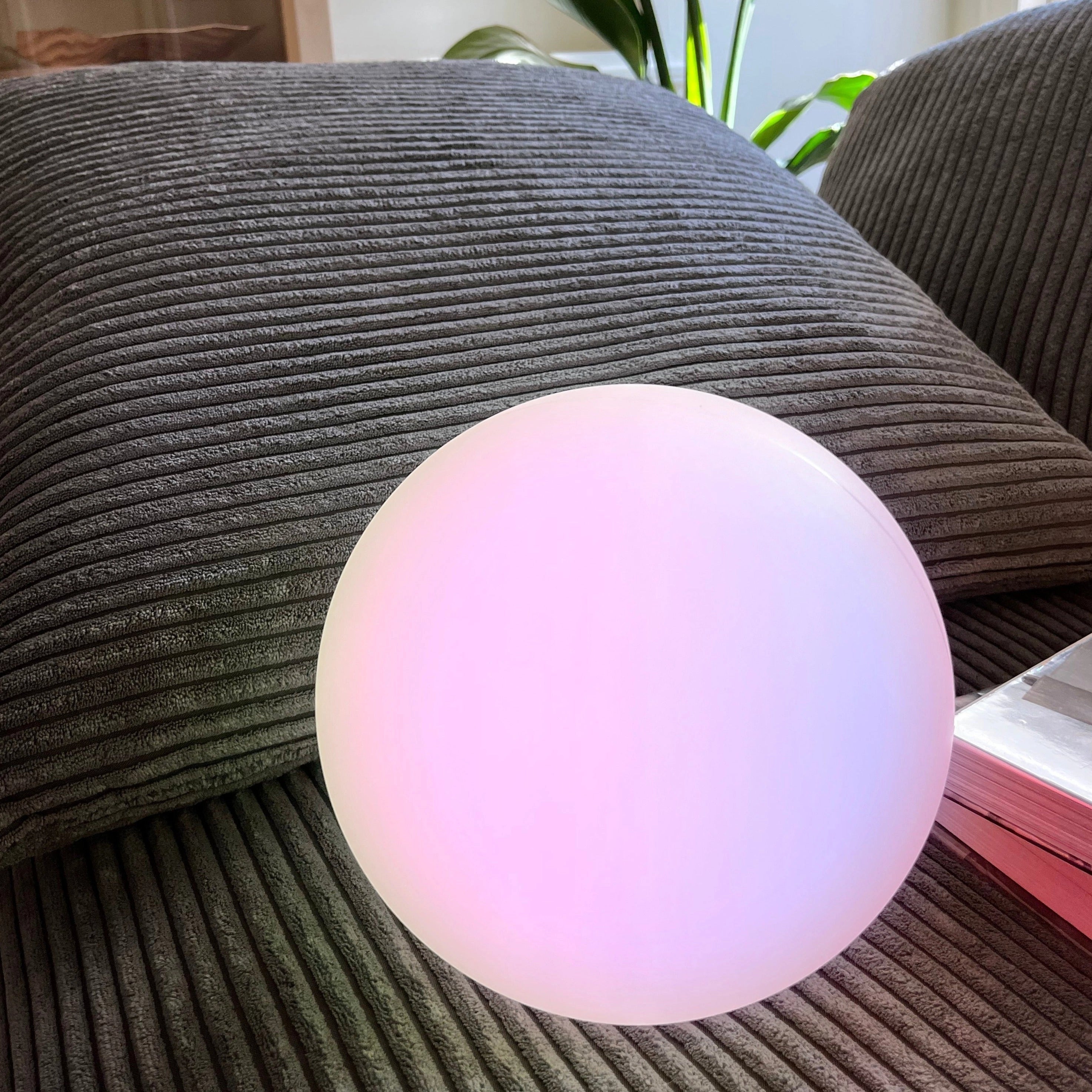 Modern Minimalist LED Globe Lamp, 10-inch, rechargeable and cordless, placed on a wooden table next to a plant and some dishware, with a textile backdrop and a purple hue.