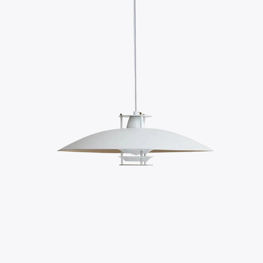 Modern minimalist LED pendant light fixture in Scandinavian white, featuring a sleek design with a metal and aluminum finish, suspended from the ceiling.
