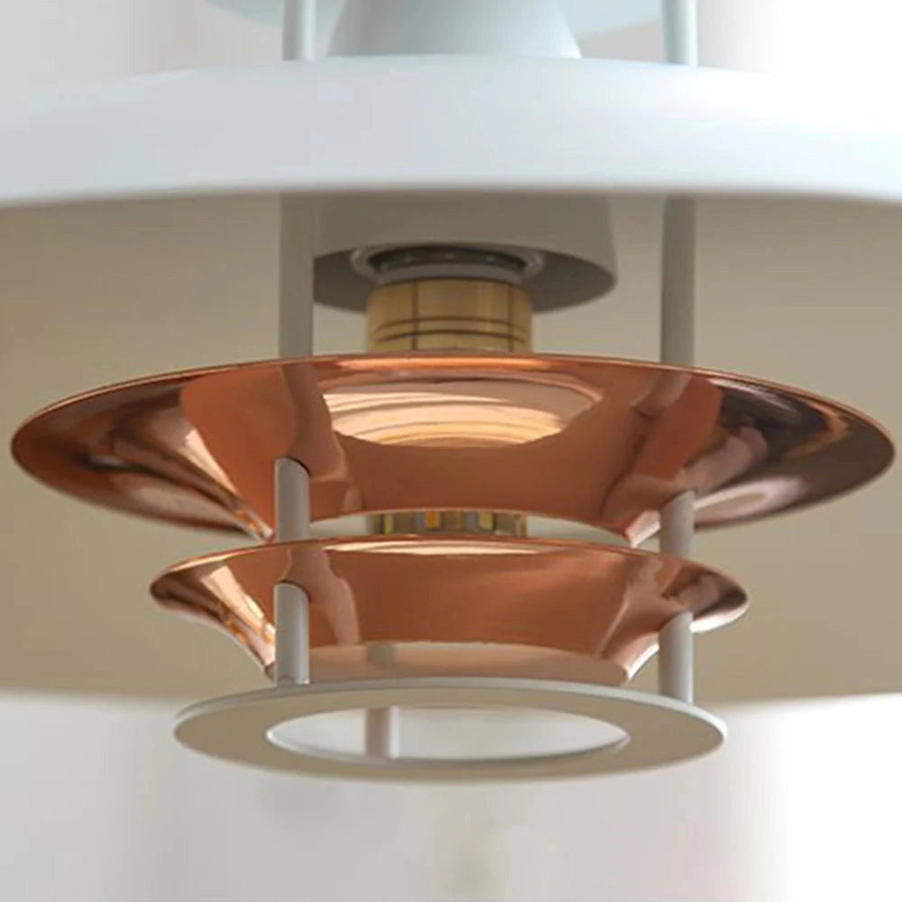 Modern minimalist LED pendant light in Scandinavian style, featuring a circular design with white and wood elements, suspended from the ceiling, showcasing a harmonious blend of metal and plywood materials.