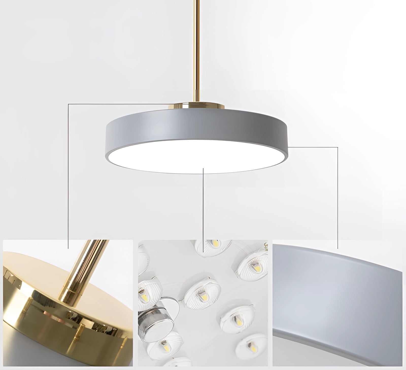 Modern minimalist LED pendant lights in gold and white, featuring a circular design with metal and wood elements, hanging from a ceiling.