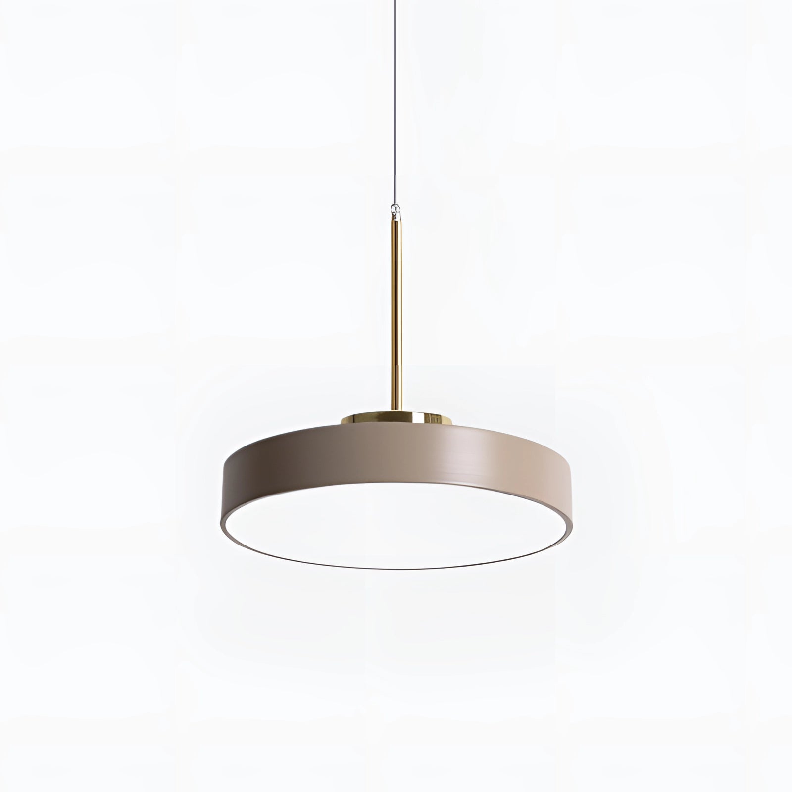 Modern minimalist LED pendant light in gold and white with a circular taupe lampshade, attached to a ceiling fixture.