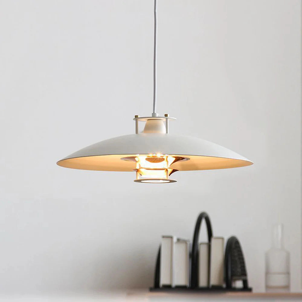 Modern minimalist LED pendant light with a Scandinavian design, featuring a sleek white shade. The fixture combines wood and metal elements, ideal for hanging from the ceiling as a stylish lighting solution.