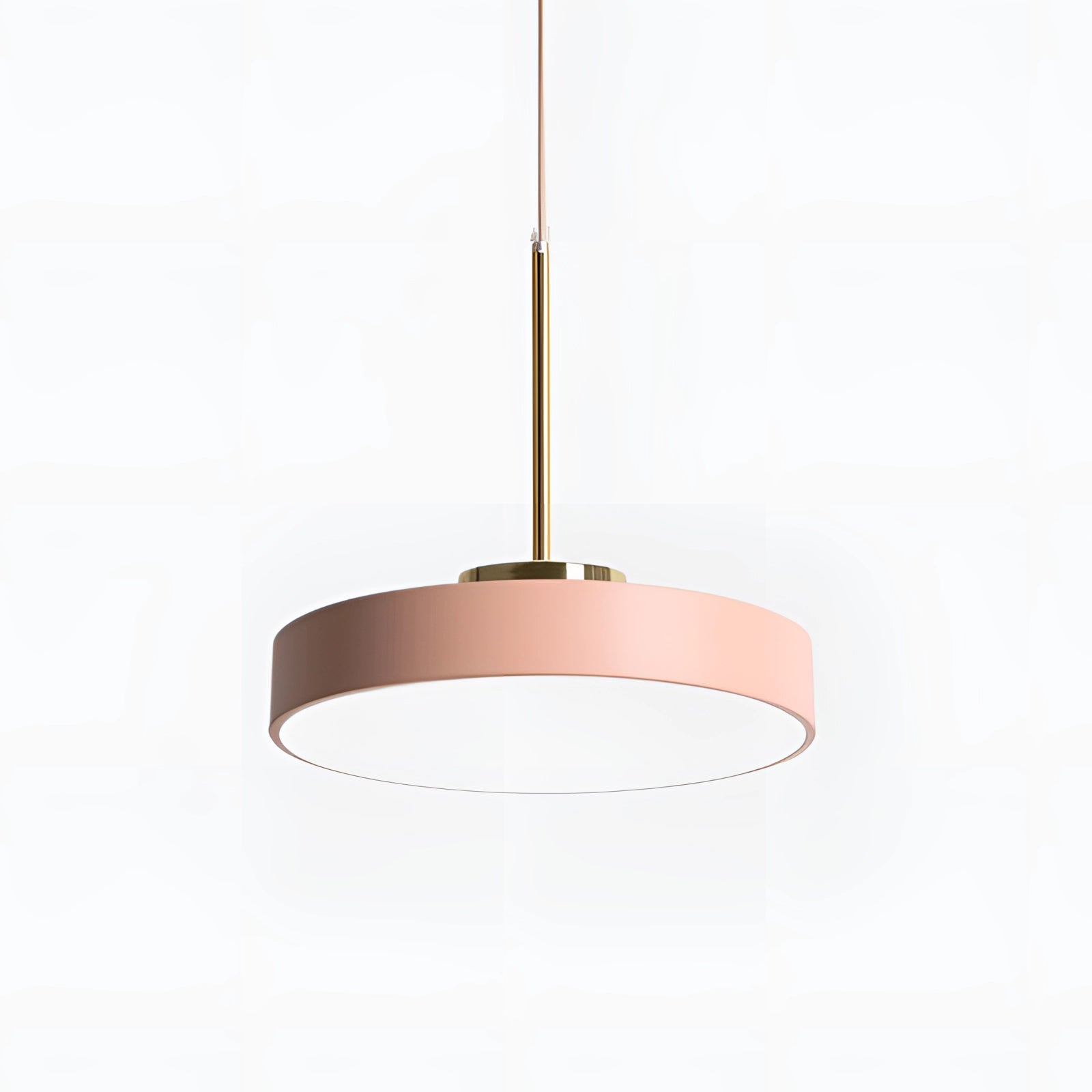 Modern Minimalist LED Pendant Light in Blush, featuring a gold and white designer ceiling lamp with a circular lampshade.