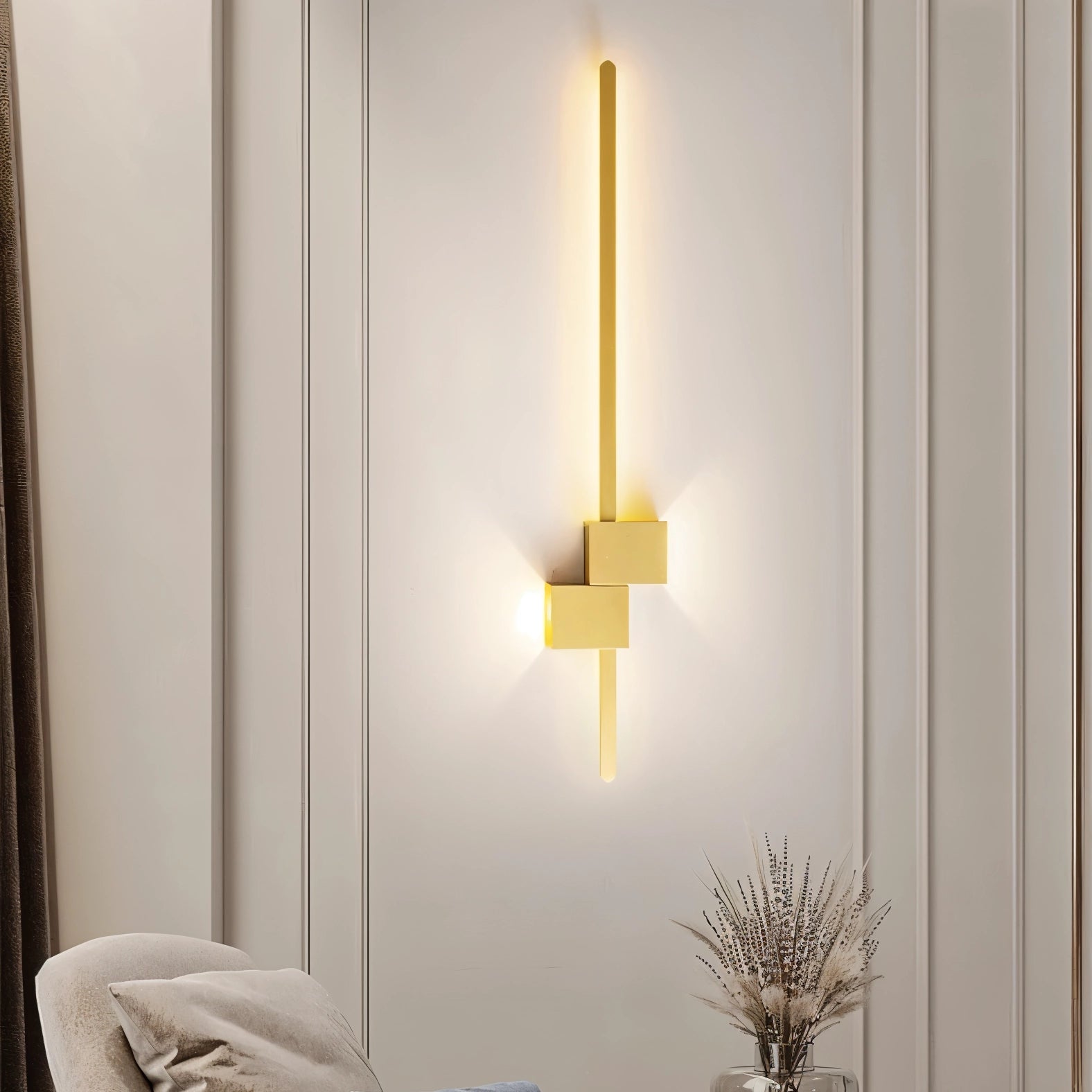 Modern minimalist LED wall light mounted on a wooden wall in a contemporary bedroom, surrounded by houseplants and decorative elements, creating a warm and elegant ambiance.