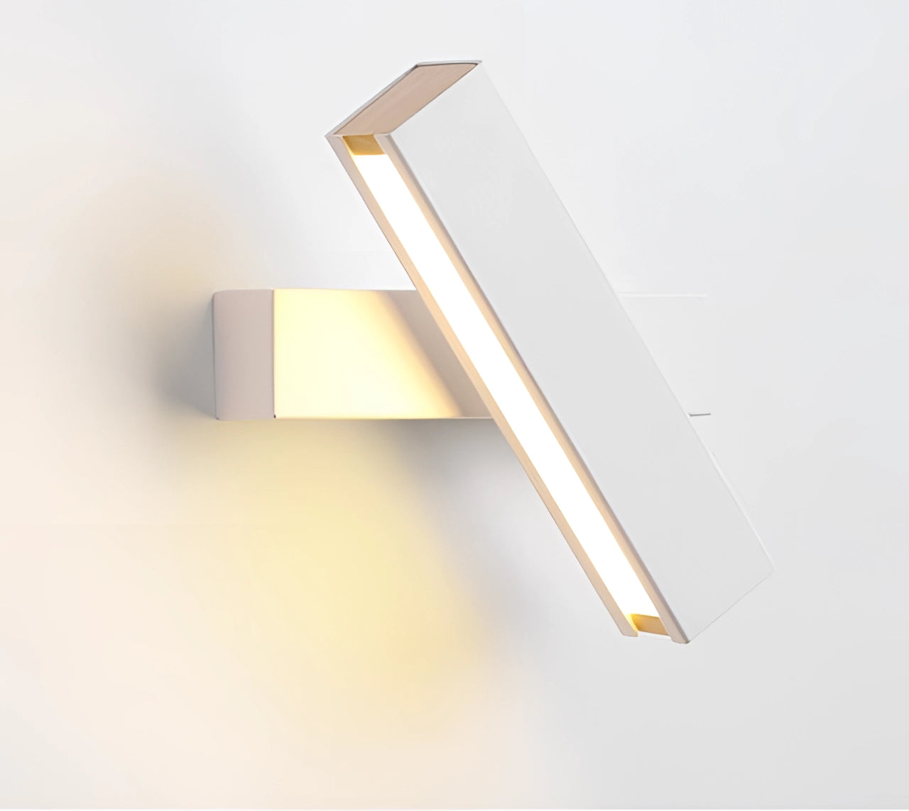Modern minimalist LED wall sconce with a sleek angular design in white, emitting cold light, featuring a combination of wood, metal, and plywood elements, highlighting a geometric triangular shape.