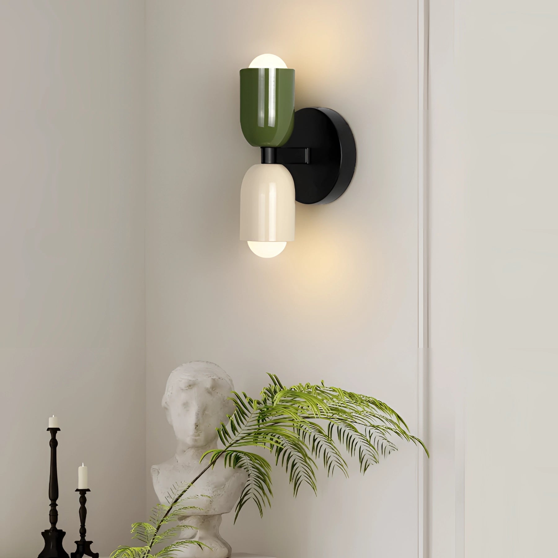 Modern minimalist LED wall sconce with a geometric dual head design, mounted on a wooden wall, surrounded by houseplants and decorative shelving, enhancing a stylish interior space.