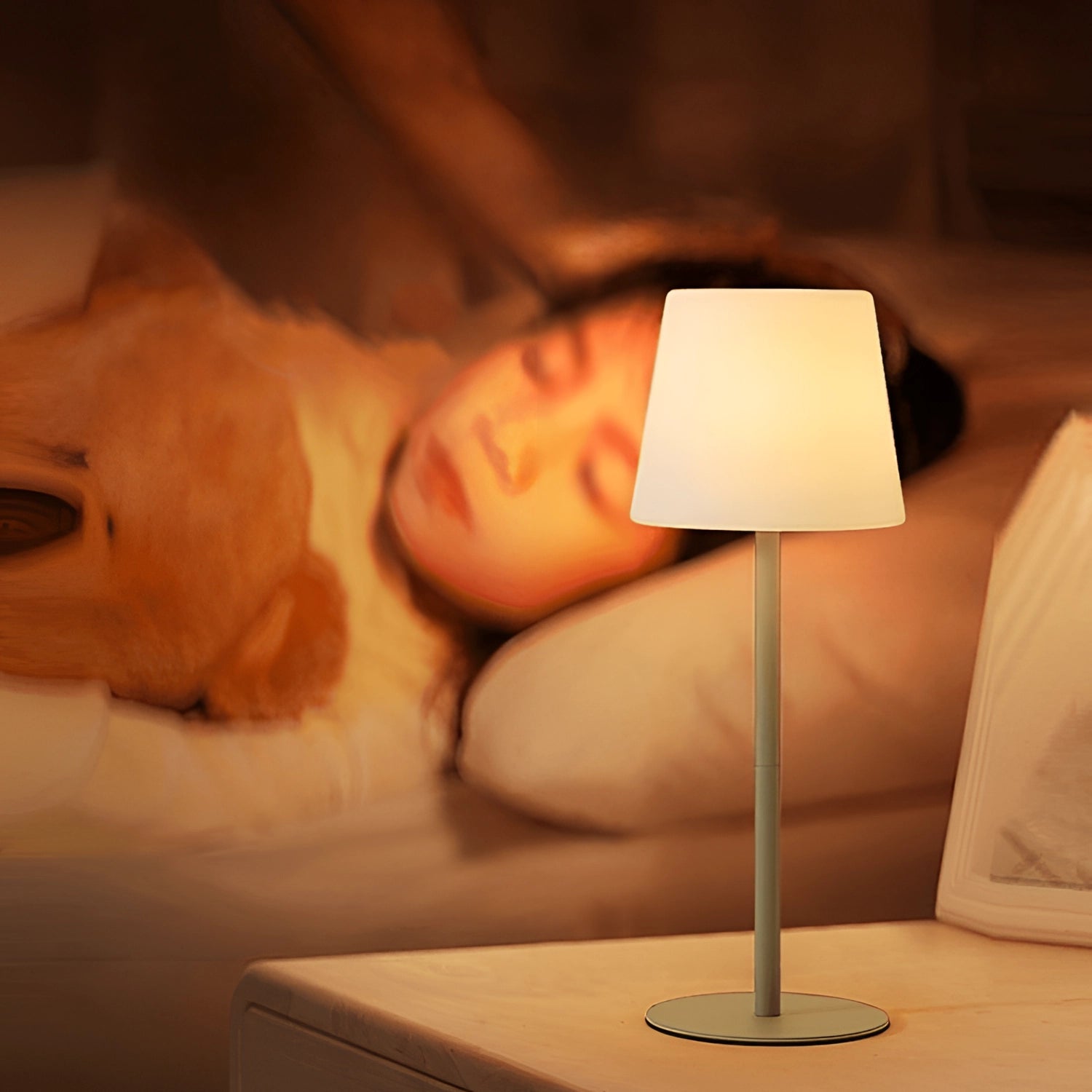 Modern minimalist pastel table lamp with a wooden base, featuring soft shades, placed on a floor, designed to complement chic living room and bedroom settings.