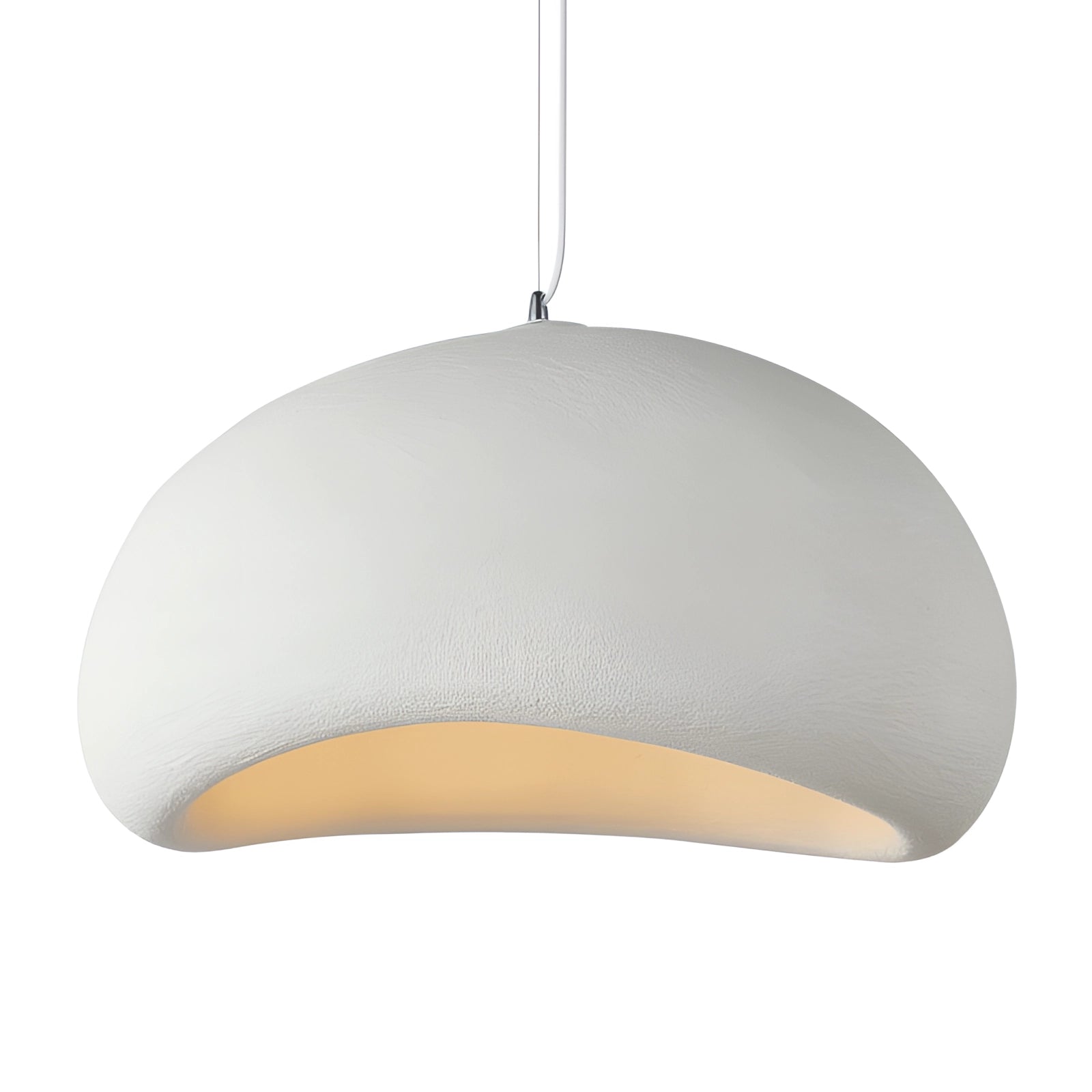 Modern minimalist pendant lights with a Scandinavian design, featuring sleek metal lampshades in a circular shape, suspended as ceiling fixtures to illuminate a kitchen space.