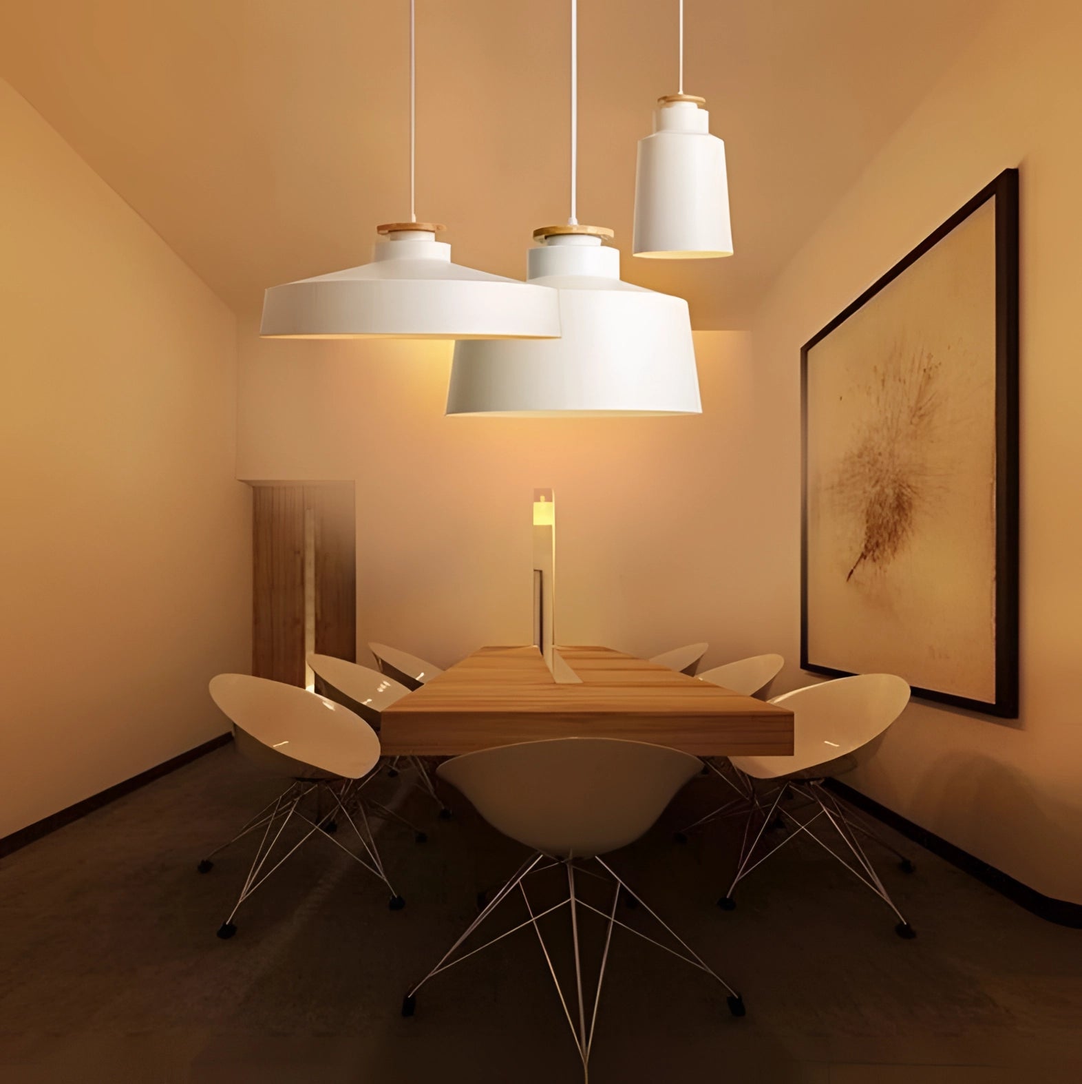 Modern minimalist black and white pendant lights with Scandinavian design hanging above a wooden table and chairs in a stylish interior setting.