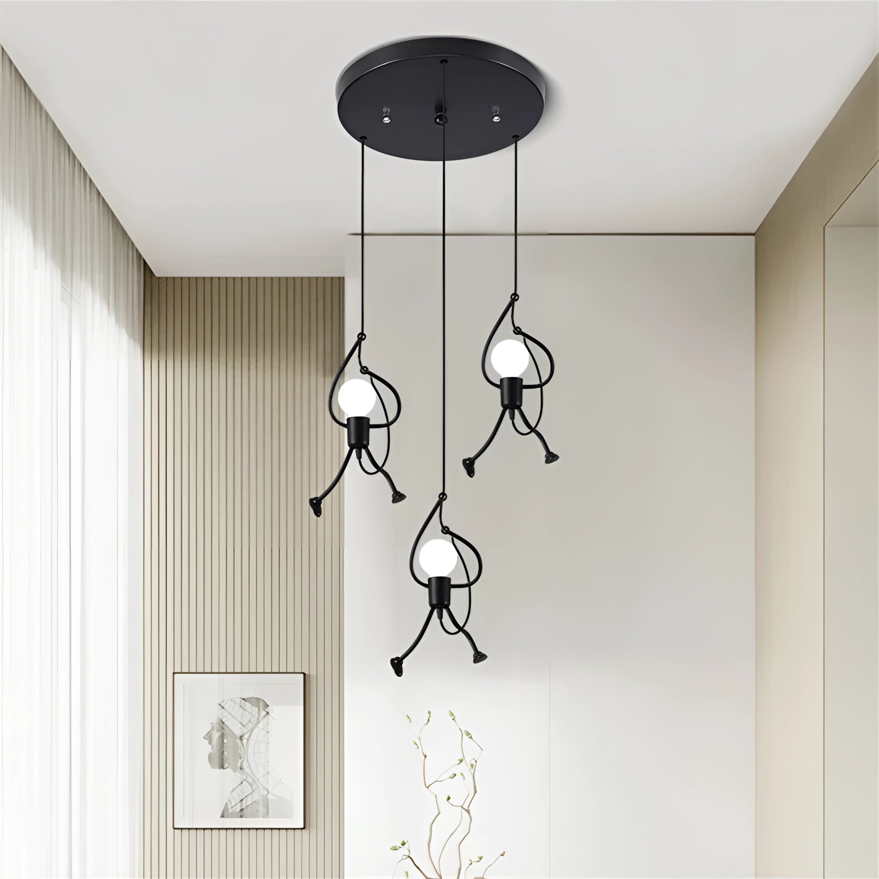 Modern Minimalist Pendant Light - Unique Sculptural Chandelier with sleek twig-like design, glass elements, and wooden accents, hanging from the ceiling in a stylishly designed interior space.
